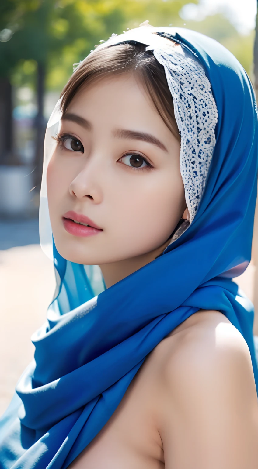 masterpiece, top-quality, 8K, absurderes, a beauty girl, kawaii, outdoor,half body, (fullnude:1.5), wearing blue pasmina hijab, hijab, accessories,nice body, No makeup, bukkake, Near and far law, depth of fields, A hyper-realistic, hight resolution, a picture, foco nítido, nffsw, face lights, 动态照明, Highest detail, Extreme details、ultra-detailliert、detaile、authentic skin、delicated facial features、Easy Negative