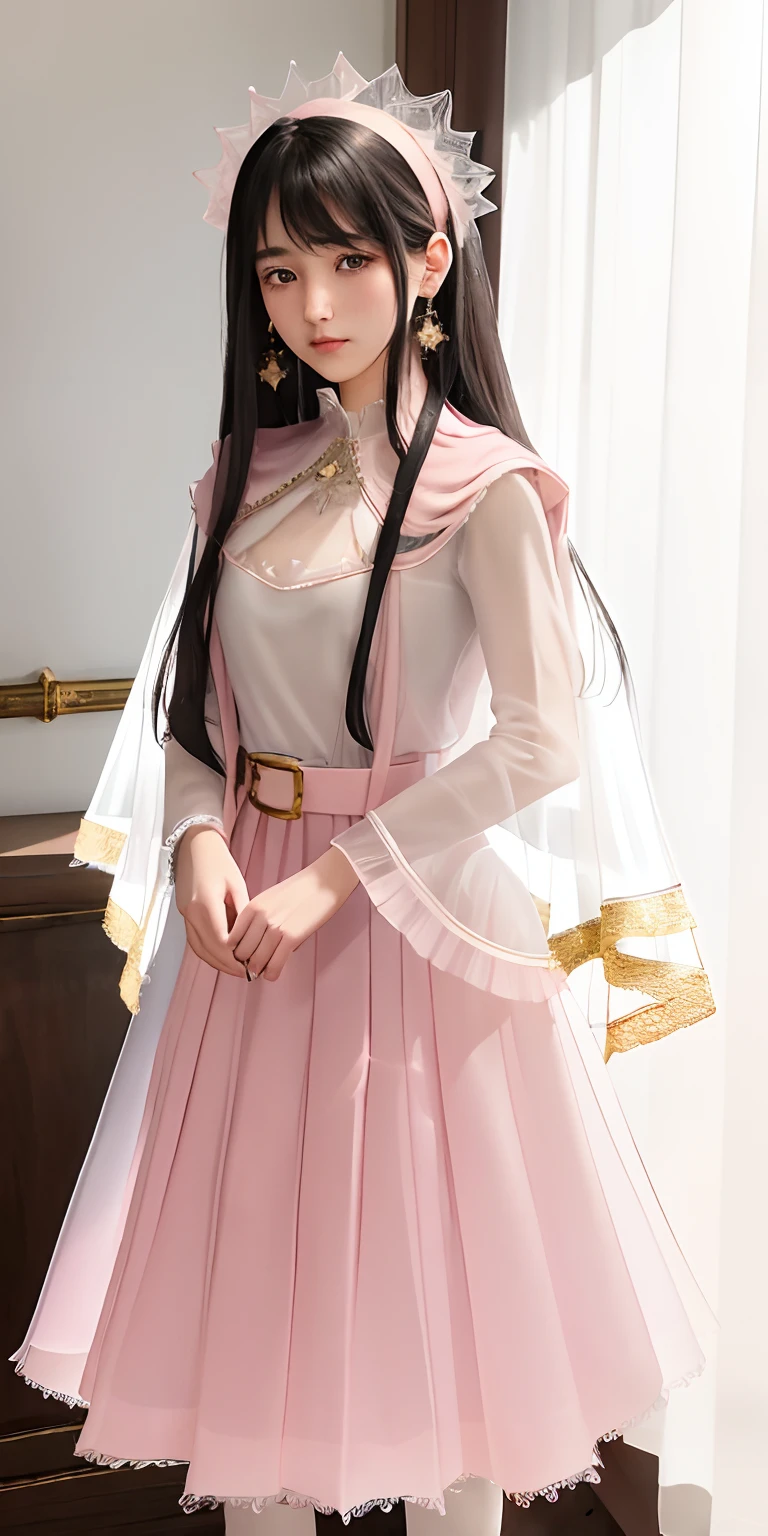 A 17 years old girl, super Long, flowing black hair.
• Gentle facial features with a hint of mystery and confusion in her eyes.
Wearing a (light pink:1.3) and pale white dress, which incorporates subtle gold or silver details.
The dress combines elements of both a pleated skirt and a flat skirt: the center portion of the dress is flat, while the sides have gentle pleats.
She has ((light pink:1.3) Mary Jane shoes) paired with (white lace-trimmed socks)).
Slightly tightened puff sleeves that reflect her calm and reserved nature.
A simple belt around her waist, holding a few small magical tools.
(A translucent, gauzy shawl:1.3)
Simple star-shaped earrings.
Her medieval dress is embroidered with magical symbols or runes.
• Despite her strong magical powers, her overall appearance exudes a sense of understated elegance and gentleness.