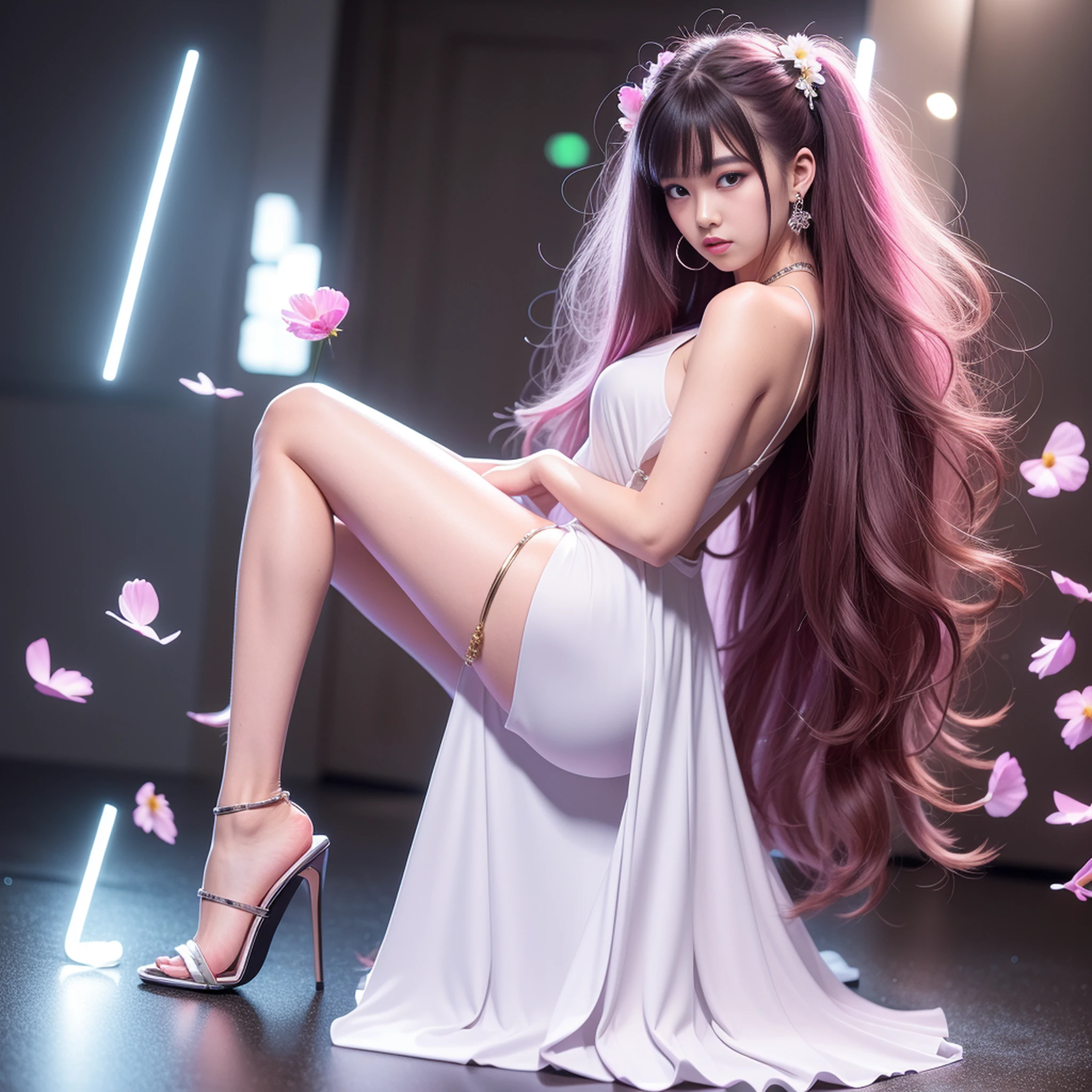 (8k, RAW photo:1.2),1 girl,(long hair:1.31),earrings, hair rings, necklace, cinematic lighting, best quality, ultra high res, (photorealistic:1.3), POV ,(solo:1.1), (looking at viewer:1.331),(parted lips:1.1), (eyelashes:1.1), (happy:1.21), (depth of field:1.1), lens flare, (chromatic aberration:1.1), (caustics:1.1), (scattered luminous petals:1.331), ulzzang-6500-v1.1,(((dream asymmetric dress))),(((full body))),((high heels))
