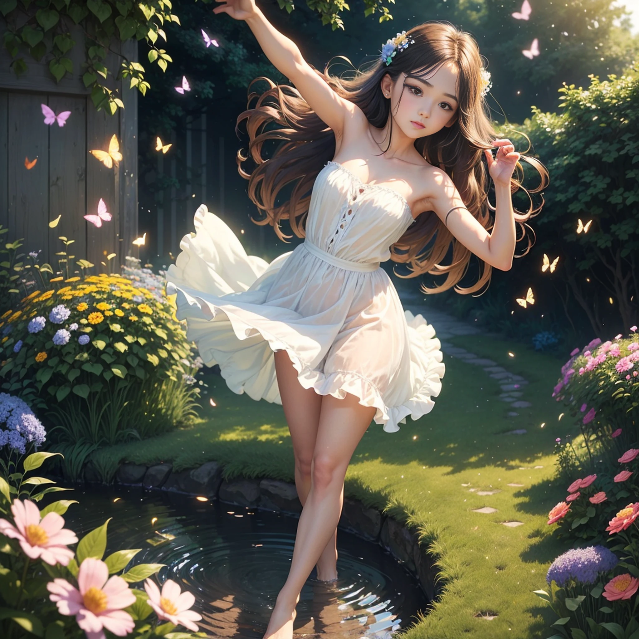 1girl, solo, full body, (masterpiece:1.21), (best quality:1.2), colorful, (illustration:1.2), (cinematic lighting:1.1), (bare shoulders:1.21), (collarbone:1.21) in this whimsical A beautiful and dreamlike garden, the scene is illuminated by a rainbow (colorful fireflies) dancing in the air. Pastel (drizzle) adorns the garden, creating a hazy and ethereal atmosphere. In the center of the picture, stands a single girl, an extremely beautiful girl, with lovely facial features and an innocent expression. Her long hair fluttered in the wind. She wore a low-cut strapless dress that accentuated her curves. The lighting is very delicate and beautiful, creating a soft warm glow that accentuates the water and makes it sparkle like a diamond. The finest grasses are also illuminated to create a lush carpet. The garden is surrounded by colorful flower fields with flowers of all colors and shapes. Various colors and sizes (coloured butterflies) can be seen flying around the scene, adding to the overall sense of wonder and magic. (Everyone, judges), a blush can be seen on the bridge of the nose, and the mouth is slightly opened, which adds to the overall sense of innocence and youth. Falling petals can be seen waving around her, adding to the overall sense of romance and beauty. The breeze is blowing, the leaves are rustling, and the flowers are swaying, adding to the overall dynamism and vitality. It is a scene of pure wonder and magic, full of color and beauty, where the viewer can lose themselves in this enchanting and captivating world.