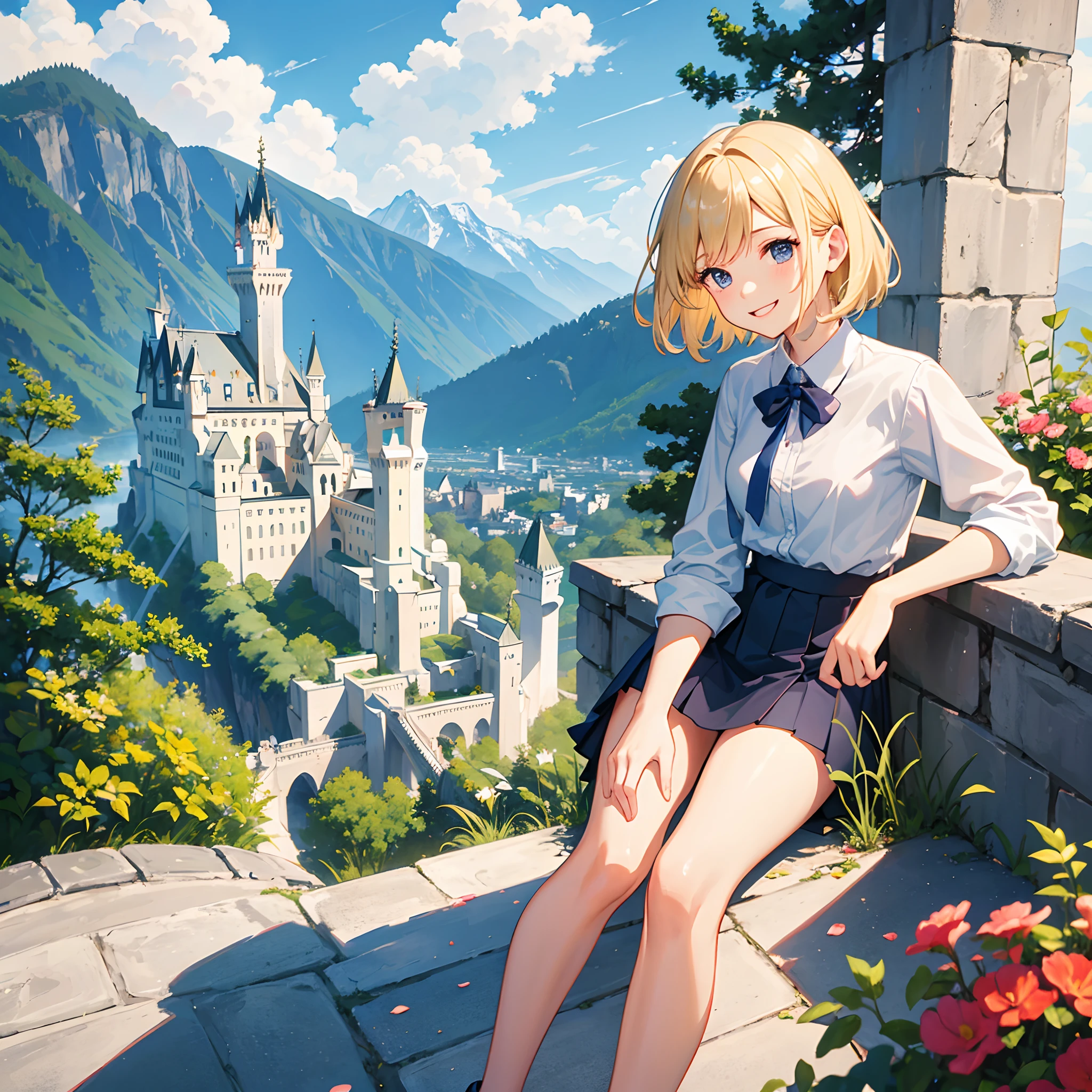 Masterpiece, 1 girl, smiling, european, skirt, (small) chillerism, short blonde hair, Neuschwanstein Castle, summer
