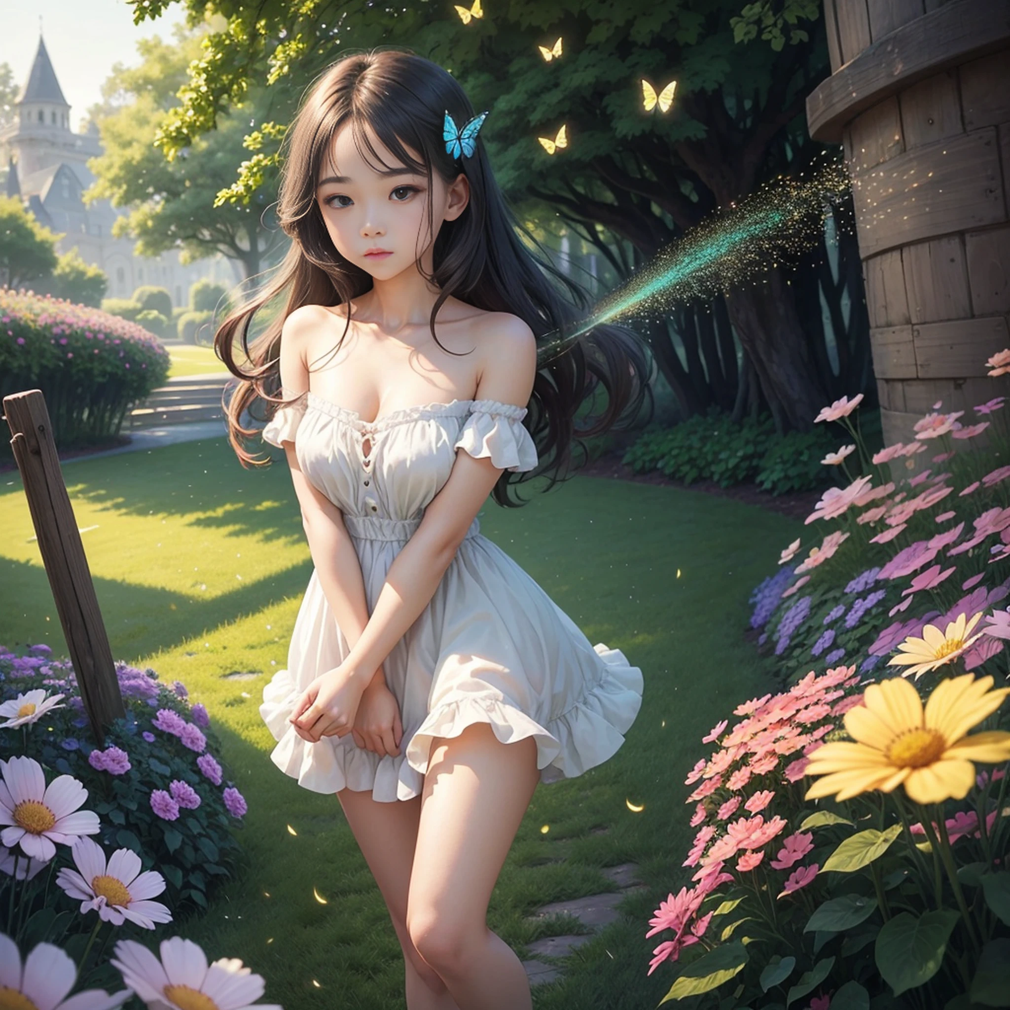 1girl, solo, full body, (masterpiece:1.21), (best quality:1.2), colorful, (illustration:1.2), (cinematic lighting:1.1), (bare shoulders:1.21), (collarbone:1.21) in this whimsical A beautiful and dreamlike garden, the scene is illuminated by a rainbow (colorful fireflies) dancing in the air. Pastel (drizzle) adorns the garden, creating a hazy and ethereal atmosphere. In the center of the picture, stands a single girl, an extremely beautiful girl, with lovely facial features and an innocent expression. Her long hair fluttered in the wind. She wore a low-cut strapless dress that accentuated her curves. The lighting is very delicate and beautiful, creating a soft warm glow that accentuates the water and makes it sparkle like a diamond. The finest grasses are also illuminated to create a lush carpet. The garden is surrounded by colorful flower fields with flowers of all colors and shapes. Various colors and sizes (coloured butterflies) can be seen flying around the scene, adding to the overall sense of wonder and magic. (Everyone, judges), a blush can be seen on the bridge of the nose, and the mouth is slightly opened, which adds to the overall sense of innocence and youth. Falling petals can be seen waving around her, adding to the overall sense of romance and beauty. The breeze is blowing, the leaves are rustling, and the flowers are swaying, adding to the overall dynamism and vitality. It is a scene of pure wonder and magic, full of color and beauty, where the viewer can lose themselves in this enchanting and captivating world.