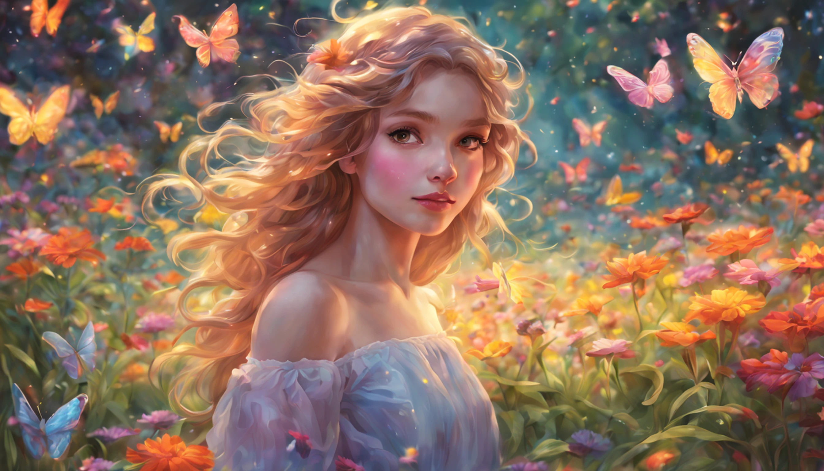 1girl, solo, full body, (masterpiece:1.21), (best quality:1.2), colorful, (illustration:1.2), (cinematic lighting:1.1), (bare shoulders:1.21), (collarbone:1.21) in this whimsical A beautiful and dreamlike garden, the scene is illuminated by a rainbow (colorful fireflies) dancing in the air. Pastel (drizzle) adorns the garden, creating a hazy and ethereal atmosphere. In the center of the picture, stands a single girl, an extremely beautiful girl, with lovely facial features and an innocent expression. Her long hair fluttered in the wind. She wore a low-cut strapless dress that accentuated her curves. The lighting is very delicate and beautiful, creating a soft warm glow that accentuates the water and makes it sparkle like a diamond. The finest grasses are also illuminated to create a lush carpet. The garden is surrounded by colorful flower fields with flowers of all colors and shapes. Various colors and sizes (coloured butterflies) can be seen flying around the scene, adding to the overall sense of wonder and magic. (Everyone, judges), a blush can be seen on the bridge of the nose, and the mouth is slightly opened, which adds to the overall sense of innocence and youth. Falling petals can be seen waving around her, adding to the overall sense of romance and beauty. The breeze is blowing, the leaves are rustling, and the flowers are swaying, adding to the overall dynamism and vitality. It is a scene of pure wonder and magic, full of color and beauty, where the viewer can lose themselves in this enchanting and captivating world.