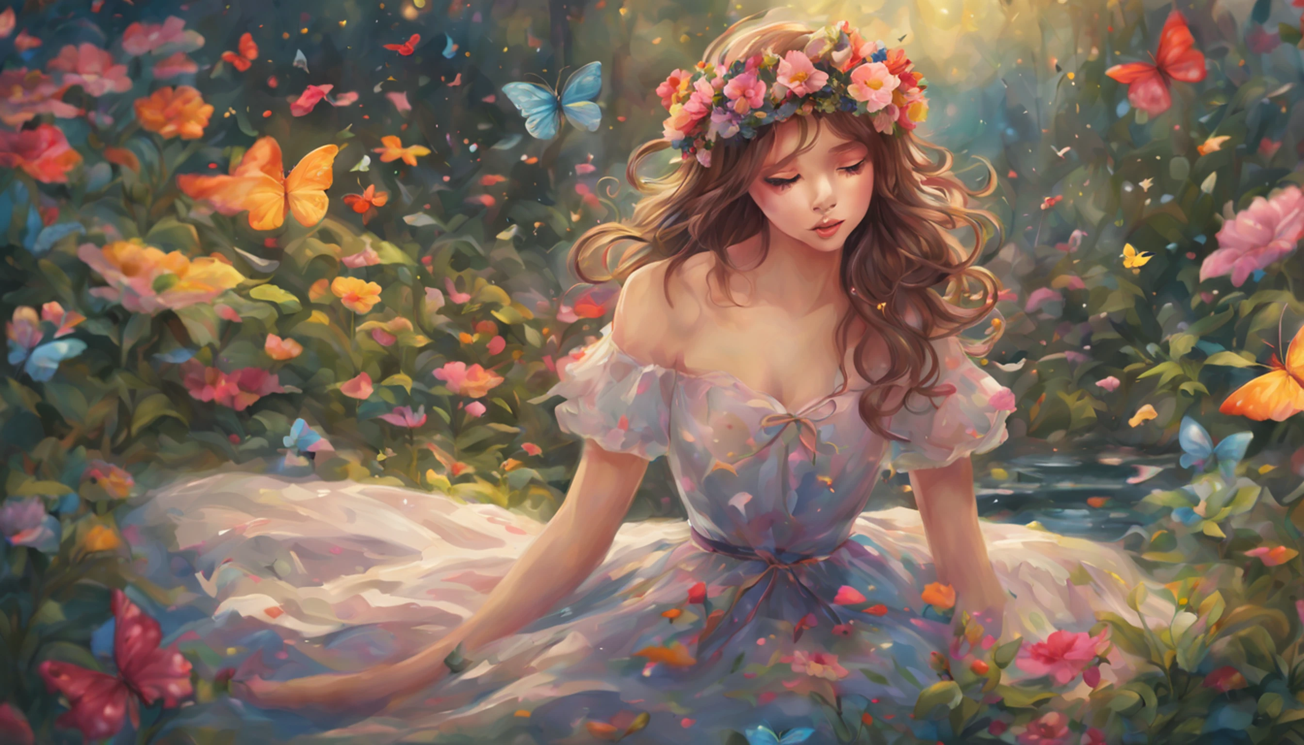 1girl, solo, full body, (masterpiece:1.21), (best quality:1.2), colorful, (illustration:1.2), (cinematic lighting:1.1), (bare shoulders:1.21), (collarbone:1.21) in this whimsical A beautiful and dreamlike garden, the scene is illuminated by a rainbow (colorful fireflies) dancing in the air. Pastel (drizzle) adorns the garden, creating a hazy and ethereal atmosphere. In the center of the picture, stands a single girl, an extremely beautiful girl, with lovely facial features and an innocent expression. Her long hair fluttered in the wind. She wore a low-cut strapless dress that accentuated her curves. The lighting is very delicate and beautiful, creating a soft warm glow that accentuates the water and makes it sparkle like a diamond. The finest grasses are also illuminated to create a lush carpet. The garden is surrounded by colorful flower fields with flowers of all colors and shapes. Various colors and sizes (coloured butterflies) can be seen flying around the scene, adding to the overall sense of wonder and magic. (Everyone, judges), a blush can be seen on the bridge of the nose, and the mouth is slightly opened, which adds to the overall sense of innocence and youth. Falling petals can be seen waving around her, adding to the overall sense of romance and beauty. The breeze is blowing, the leaves are rustling, and the flowers are swaying, adding to the overall dynamism and vitality. It is a scene of pure wonder and magic, full of color and beauty, where the viewer can lose themselves in this enchanting and captivating world.