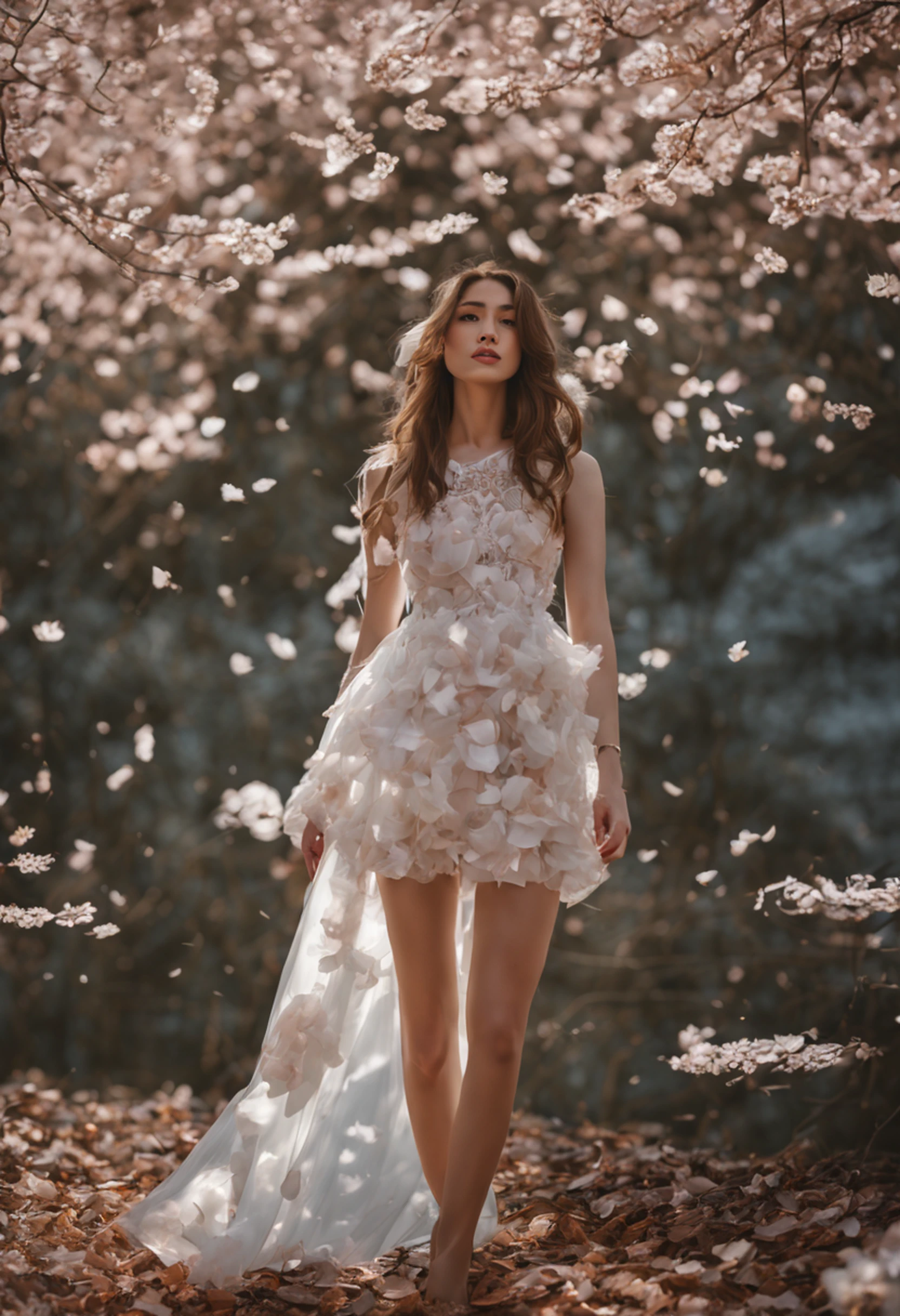 (8k, foto RAW:1.2),1 menina,(cabelo comprido:1.31),brincos, hair rings, colar, cinematic lighthing, melhor qualidade, ultra high-resolution, (fotorrealista:1.3), POV ,(solo:1.1), (olhando para o observador: 1.331), (half-open lips: 1.1), (Cilia: 1.1), (feliz: 1.21), (profundidade de campo: 1.1), reflexo de lente, (chromatic aberration: 1.1), (caustics: 1.1) , (scattered luminous petals:1.331), ulzzang-6500-v1.1,(((asymmetrical dream dress))),(((corpo inteiro))),((salto alto)