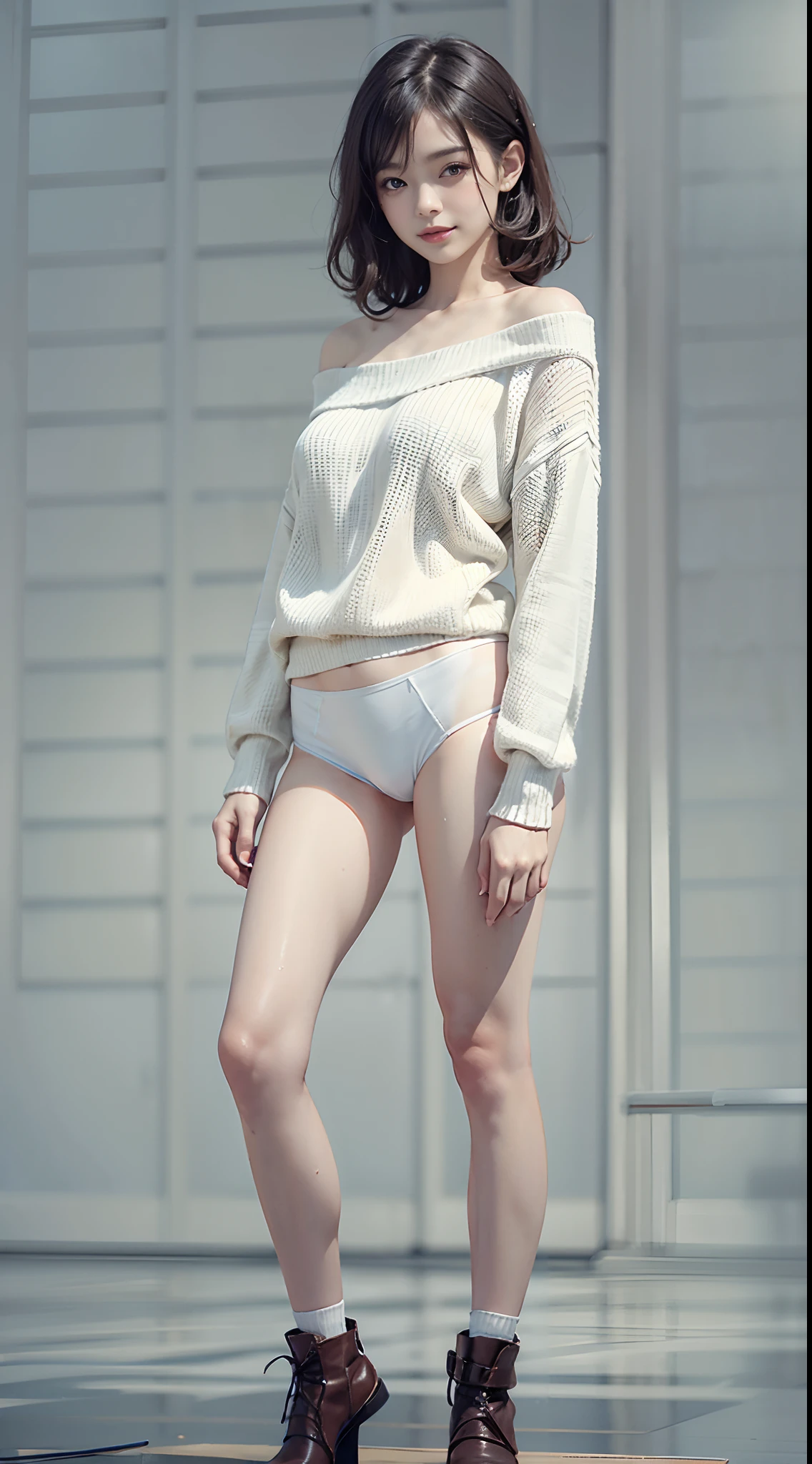 off-the-shoulder sweater, The lower part of the body is bare, white panties with a small area,, Smiling smile, (NSFW), 1womanl, 独奏, 24 year old, 7headed body, (Ideal ratio body proportions), (Composition from head to thigh), erectile nipple, Sexy body, Wet, short-hair, A dark-haired, small tits, A slender, Small buttocks, beauty legs, Skinny Legs, surrealism, Cinematic lighting, depth of fields, One-person viewpoint, F/1.8, 135 mm, nffsw, masutepiece, ccurate, ((Anatomically correct)), Textured skin, Super Detail, high details, High quality, awardwinning, Best Quality, hight resolution, 8K