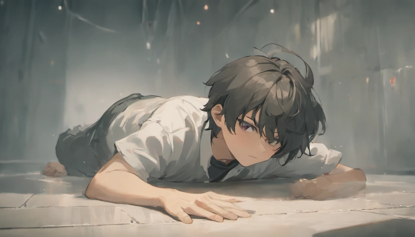Young man lying on the floor in a white room,I have a sad expression on my face.,Black short hair,He wears a white stand-up collar shirt,