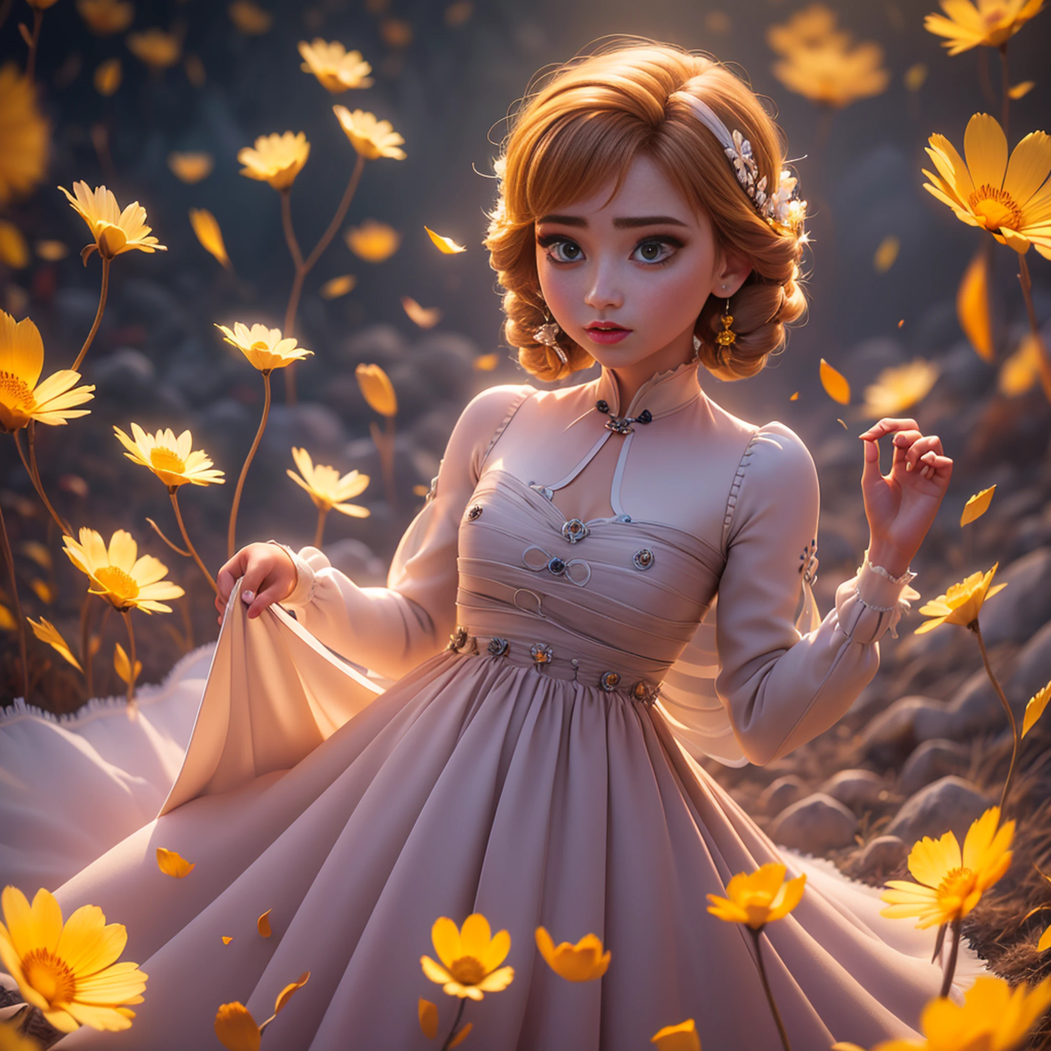(8k, foto RAW:1.2),1 menina,(cabelo comprido:1.31),brincos, hair rings, colar, cinematic lighthing, melhor qualidade, ultra high-resolution, (fotorrealista:1.3), POV ,(solo:1.1), (olhando para o observador: 1.331), (half-open lips: 1.1), (Cilia: 1.1), (feliz: 1.21), (profundidade de campo: 1.1), reflexo de lente, (chromatic aberration: 1.1), (caustics: 1.1) , (scattered luminous petals:1.331), ulzzang-6500-v1.1,(((asymmetrical dream dress))),(((corpo inteiro))),((salto alto)