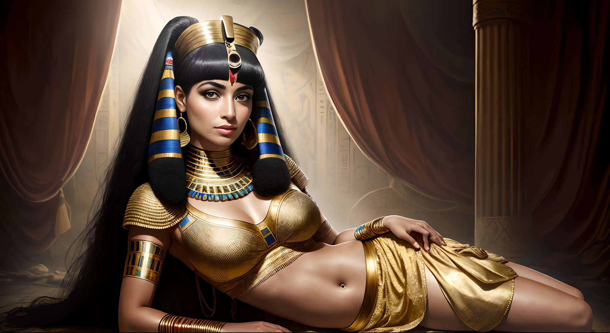 Cleopatra, Egyptian, Queen, Egyptian Queen, dress, black hair, gorgeous, sitting on throne, most beautiful woman alive, naughty, lewd, high cheekbones, defined face,