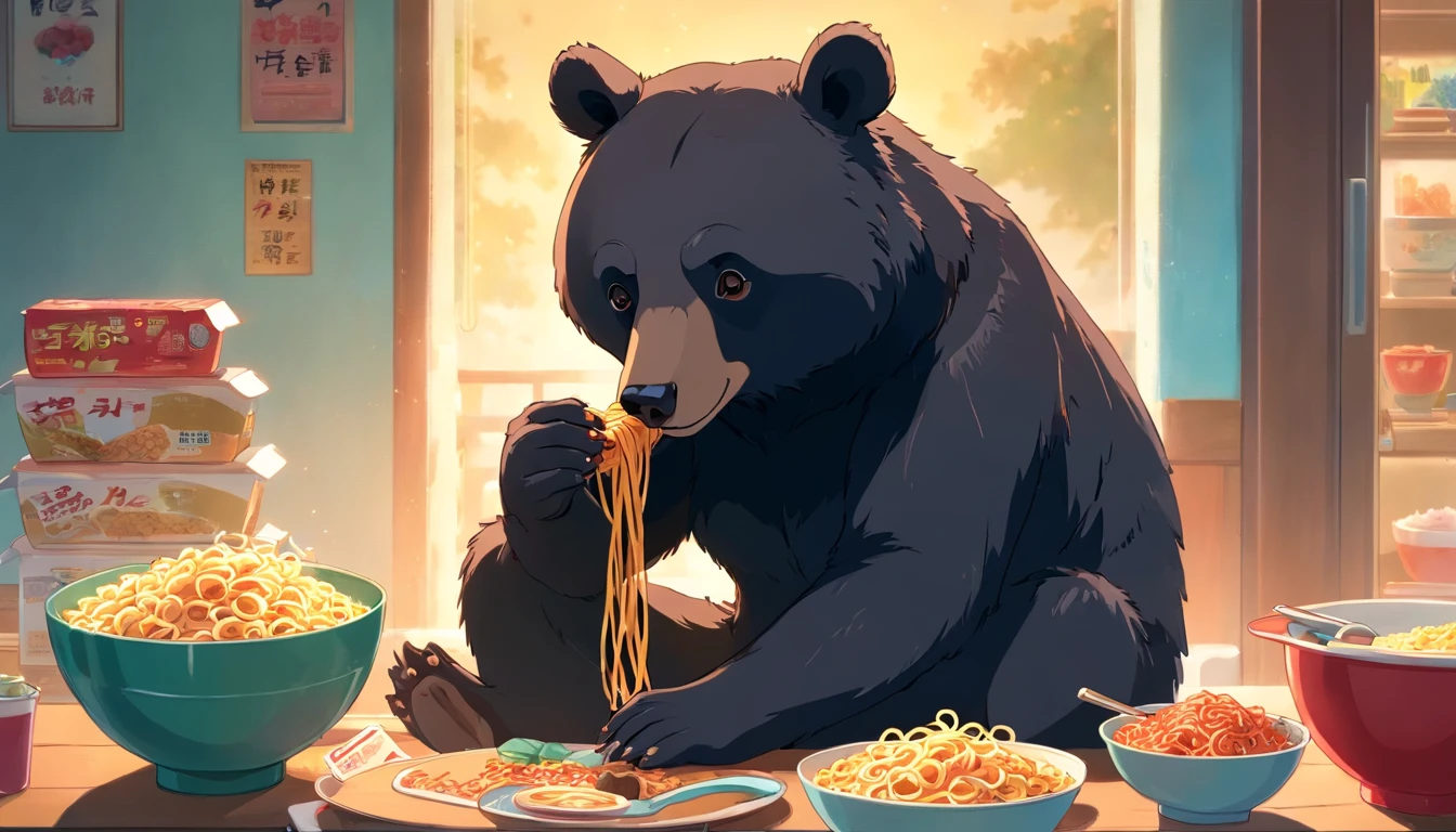 Photo of a black bear, eating instant noodles, Vintage poster design