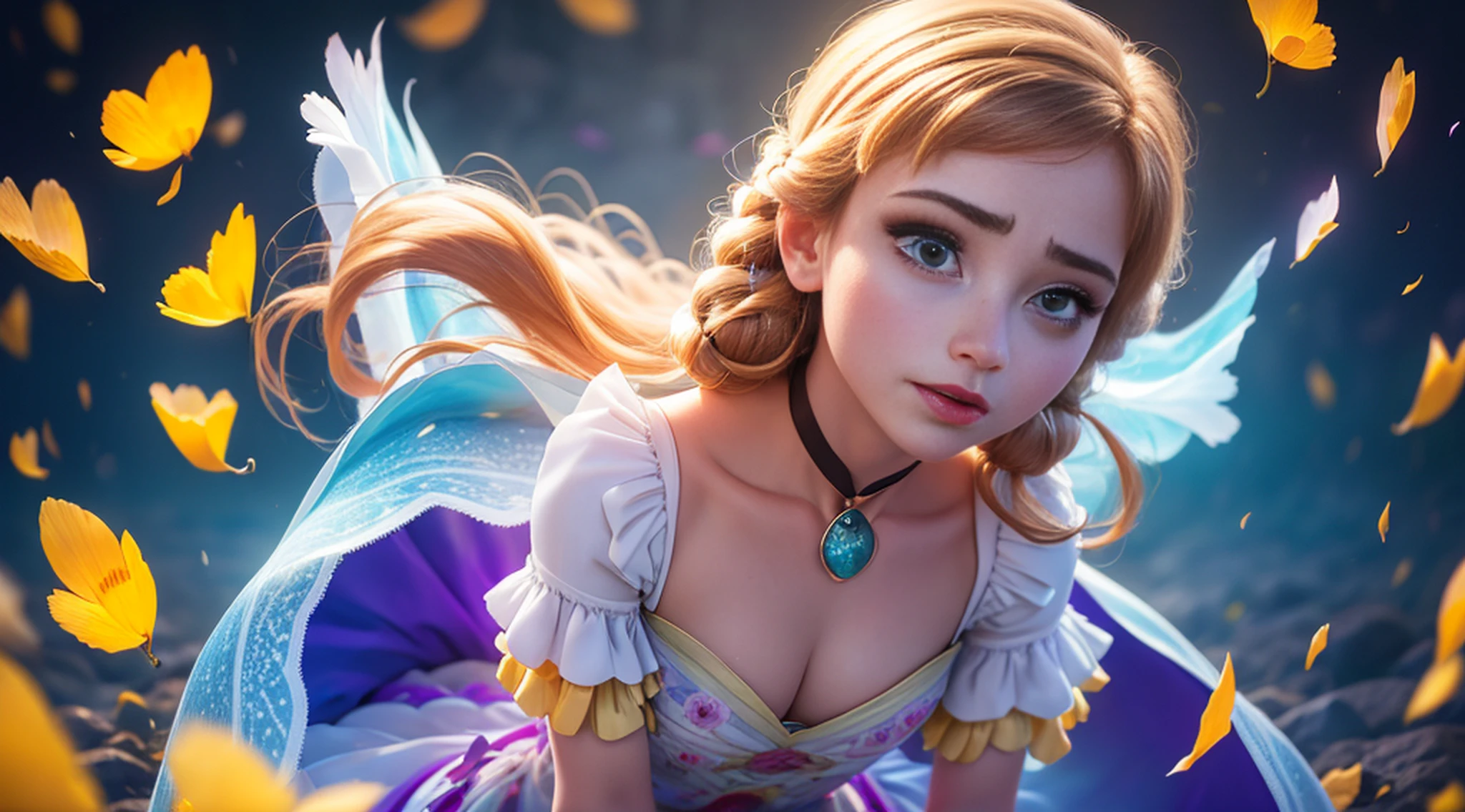 (8k, foto RAW:1.2),1 ,(cabelo comprido:1.31),brincos, hair rings, colar, cinematic lighthing, melhor qualidade, ultra high-resolution, (fotorrealista:1.3), POV ,(solo:1.1), (olhando para o observador: 1.331), (half-open lips: 1.1), (Cilia: 1.1), (feliz: 1.21), (profundidade de campo: 1.1), reflexo de lente, (chromatic aberration: 1.1), (caustics: 1.1) , (scattered luminous petals:1.331), ulzzang-6500-v1.1,(((asymmetrical dream dress))),(((corpo inteiro))),((salto alto)
