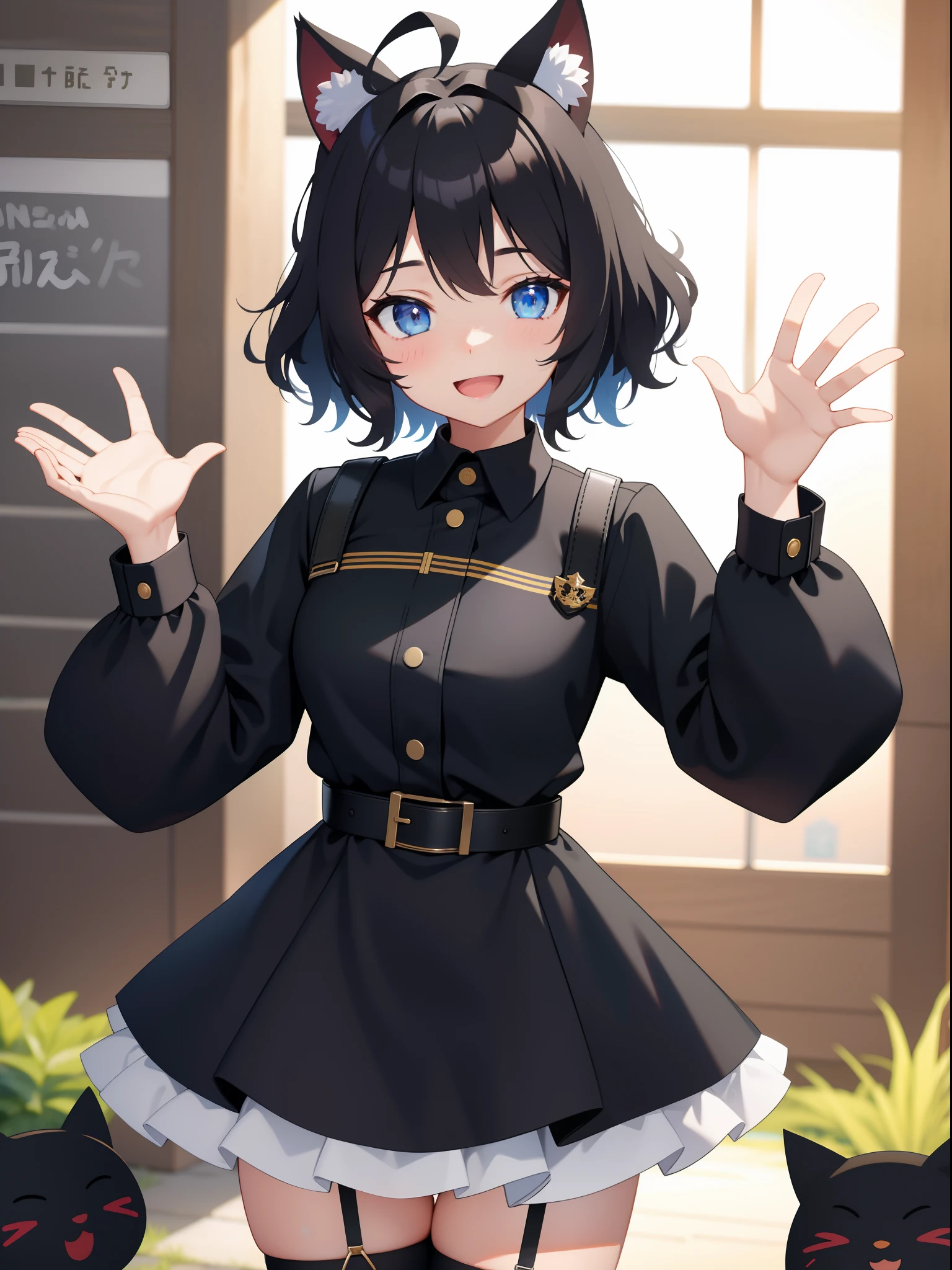 Looking at Viewer, Background with、Cute backgrounds, 1girl in, Open mouth, Smile, Virtual Youtuber、girl with、((Best Quality, high_resolution, Distinct_image)),(Black hair), (Black cat ears), (Ahoge), (absurdly short hair), (Wavy Hair), (Blue eyes),、A smile、Very big breasts、concept-art、((View Viewer))。Wearing a garter belt。