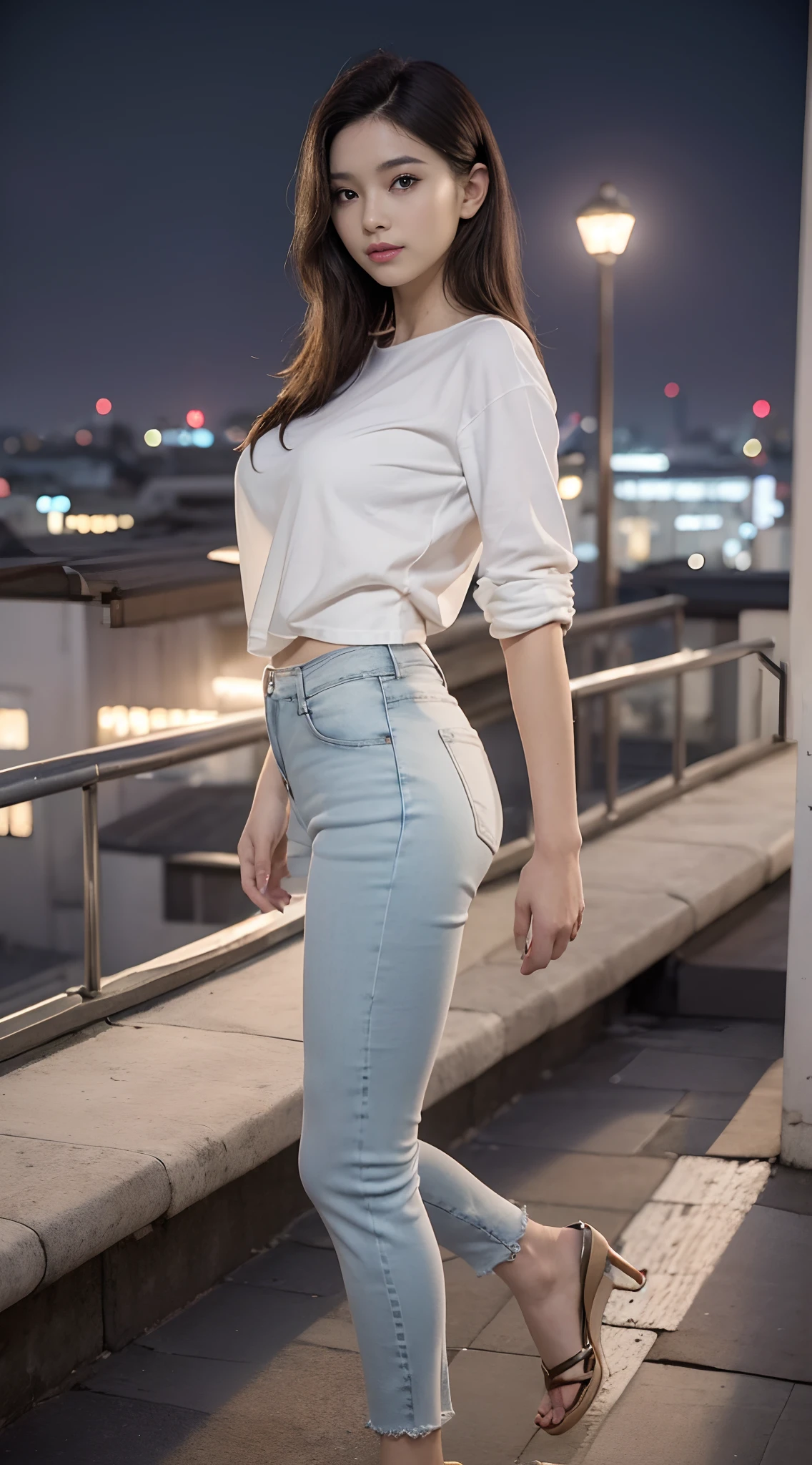((midynight, Need, 8K, tmasterpiece:1.3)), full bodyesbian, Thin legs, Focalors:1.2, (Skinny and small,Height one meter five)big breasts beautiful(junior school student)girlfriend:1.4, Slim abs:1.1, ((hair straight,Dark brown hair, Medium-sized breasts:1.2 )), (Stylish white loose shirt,The hem flutters, Stylish little flared jeans, standing on your feet:1.2), ((city night scene, the roof:1.3)), Highly detailed facial and skin texture, A detailed eye, Single Eyelids,Smile showing teeth,Super nice looking,Fair and well-proportioned legs,Lengthened jeans,Wear sandals,Reveals tender white toes,taken from the side,Show off your slender waist and beautiful hips,Pose sexy seduction,fully body photo