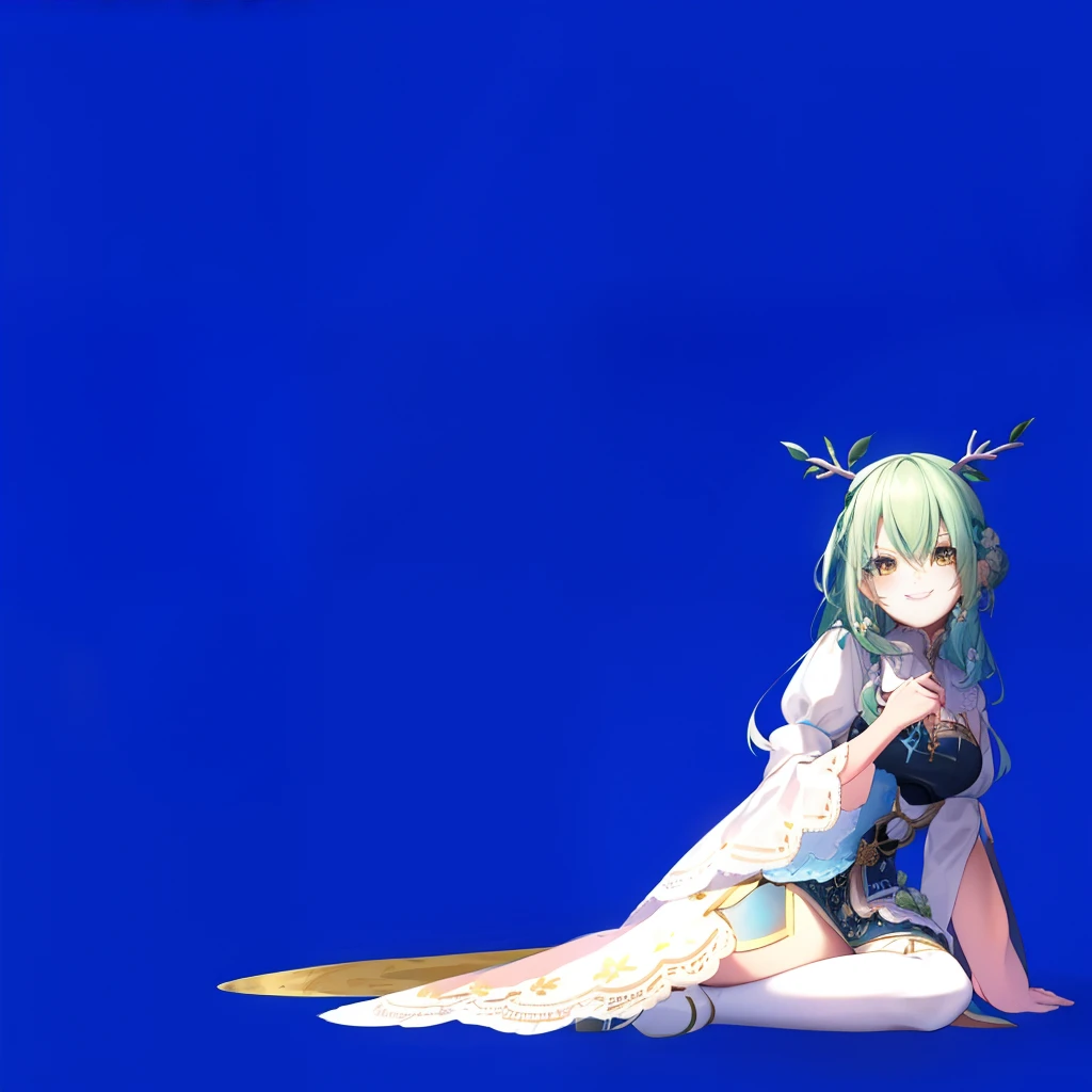 8K, masterpiece, absurdres, intricate details, best quality, perfect anatomy, a woman sitting on a floor with a white background, Ceres Fauna, antlers, FaunaBase, long hair, braided bangs, hair flower, blue dress, wide sleeves, single thighhigh, bridal gauntlets, face looking forward, smiling a little, no shadows, no reflections, hands on the floor