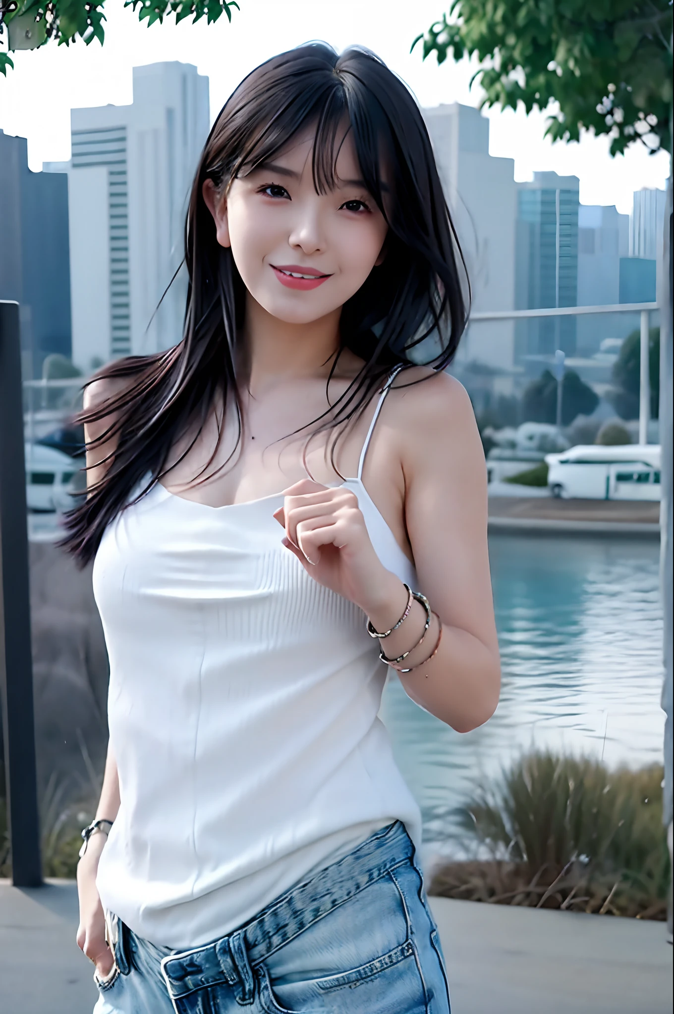 ​masterpiece, top-quality, 1girl, Aqua's Eye, A dark-haired, Mouth closed, multicolored background, Look at viewers, shorth hair, plein air, 独奏, full bodyesbian, Fascinating, It's beautiful, beautiful countenance, pure face, pale-skinned, sexy  pose,((camisole, shortpants, off shoulders, a navel)), cute little、shoulder straps fall off the shoulders、are in full view