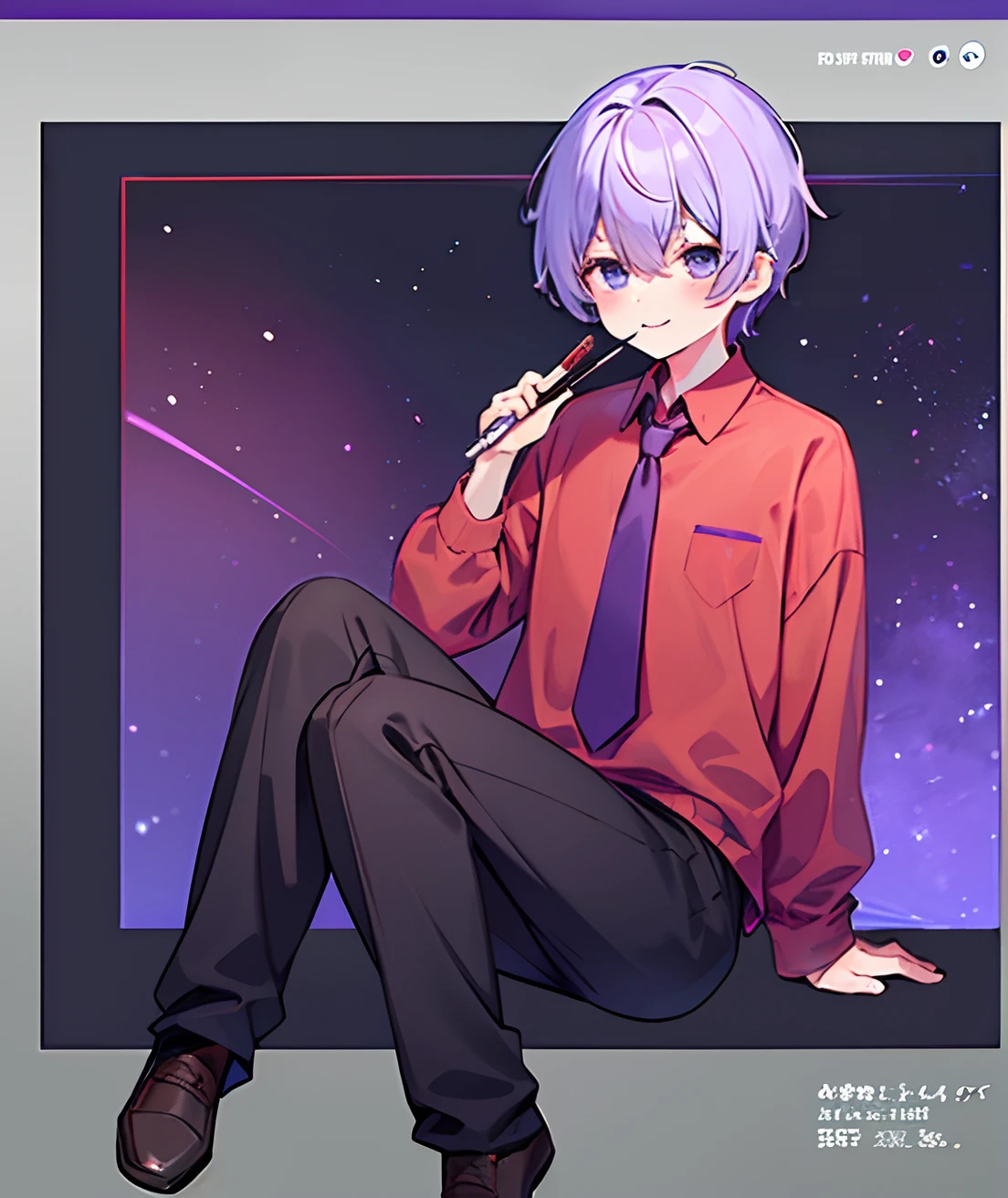 1guy, Handsome man, Solo、Man with purple hair, Beautiful detailed eyes, beautifull detailed face、Purple eyes、Purple hair、a cool、outer、twinks、Young man with purple hair、Calm、Cool System、Soothing、The best smile、Red shirt、Loose tie、Teacher's attire、full body seen、have a pen