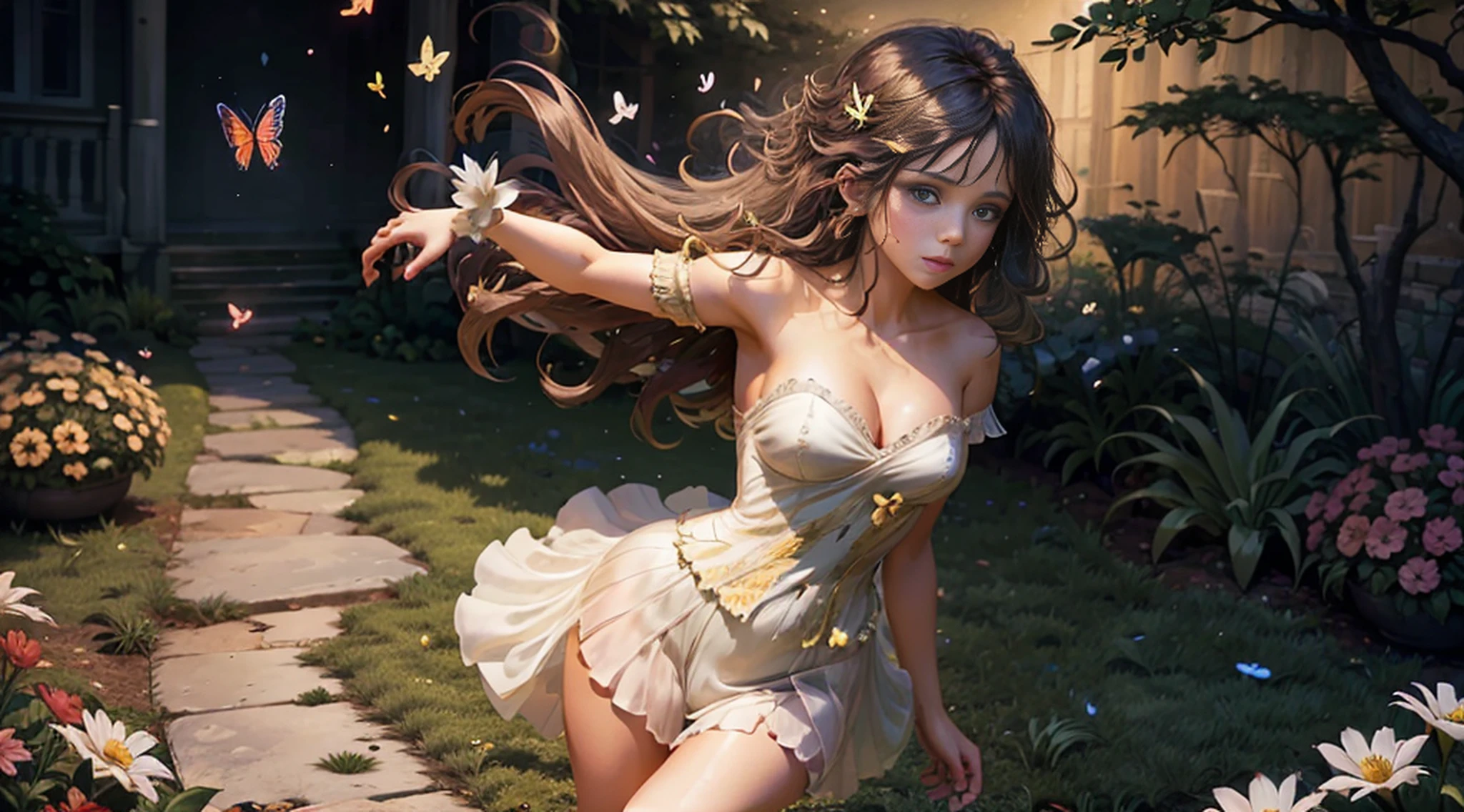 1girl, solo, full body, (masterpiece:1.21), (best quality:1.2), colorful, (illustration:1.2), (cinematic lighting:1.1), (bare shoulders:1.21), (collarbone:1.21) in this whimsical A beautiful and dreamlike garden, the scene is illuminated by a rainbow (colorful fireflies) dancing in the air. Pastel (drizzle) adorns the garden, creating a hazy and ethereal atmosphere. In the center of the picture, stands a single girl, an extremely beautiful girl, with lovely facial features and an innocent expression. Her long hair fluttered in the wind. She wore a low-cut strapless dress that accentuated her curves. The lighting is very delicate and beautiful, creating a soft warm glow that accentuates the water and makes it sparkle like a diamond. The finest grasses are also illuminated to create a lush carpet. The garden is surrounded by colorful flower fields with flowers of all colors and shapes. Various colors and sizes (coloured butterflies) can be seen flying around the scene, adding to the overall sense of wonder and magic. (Everyone, judges), a blush can be seen on the bridge of the nose, and the mouth is slightly opened, which adds to the overall sense of innocence and youth. Falling petals can be seen waving around her, adding to the overall sense of romance and beauty. The breeze is blowing, the leaves are rustling, and the flowers are swaying, adding to the overall dynamism and vitality. It is a scene of pure wonder and magic, full of color and beauty, where the viewer can lose themselves in this enchanting and captivating world.