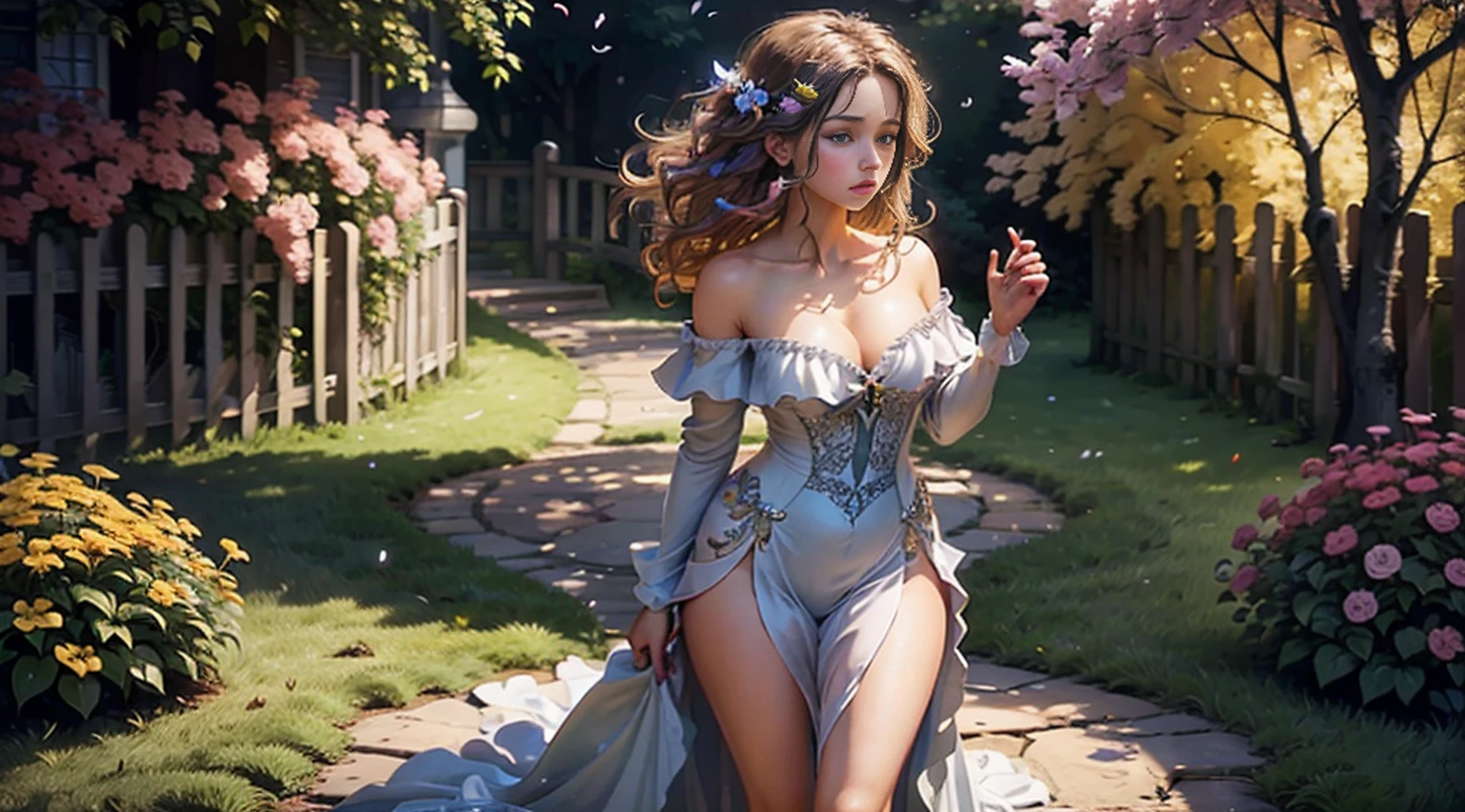 1girl, solo, full body, (masterpiece:1.21), (best quality:1.2), colorful, (illustration:1.2), (cinematic lighting:1.1), (bare shoulders:1.21), (collarbone:1.21) in this whimsical A beautiful and dreamlike garden, the scene is illuminated by a rainbow (colorful fireflies) dancing in the air. Pastel (drizzle) adorns the garden, creating a hazy and ethereal atmosphere. In the center of the picture, stands a single girl, an extremely beautiful girl, with lovely facial features and an innocent expression. Her long hair fluttered in the wind. She wore a low-cut strapless dress that accentuated her curves. The lighting is very delicate and beautiful, creating a soft warm glow that accentuates the water and makes it sparkle like a diamond. The finest grasses are also illuminated to create a lush carpet. The garden is surrounded by colorful flower fields with flowers of all colors and shapes. Various colors and sizes (coloured butterflies) can be seen flying around the scene, adding to the overall sense of wonder and magic. (Everyone, judges), a blush can be seen on the bridge of the nose, and the mouth is slightly opened, which adds to the overall sense of innocence and youth. Falling petals can be seen waving around her, adding to the overall sense of romance and beauty. The breeze is blowing, the leaves are rustling, and the flowers are swaying, adding to the overall dynamism and vitality. It is a scene of pure wonder and magic, full of color and beauty, where the viewer can lose themselves in this enchanting and captivating world.