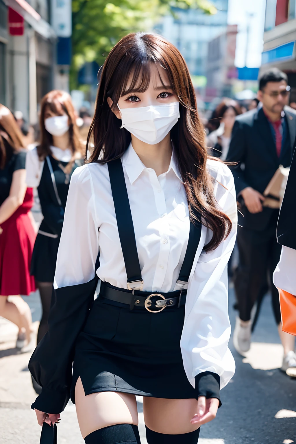 ​masterpiece、top-quality、The ultra -The high-definition、、colourfull、flat-colors、depth of fields、lens flare 1 girl、、A dark-haired、watching at viewers　Suits　Cutter shirt　a belt　suspenders　working adults　materia　OL　Black Suit　Black jacket　glares　huge-breasted　a miniskirt　garterbelts　knee high　Stockings　Black Neeso Mask　Colorcon