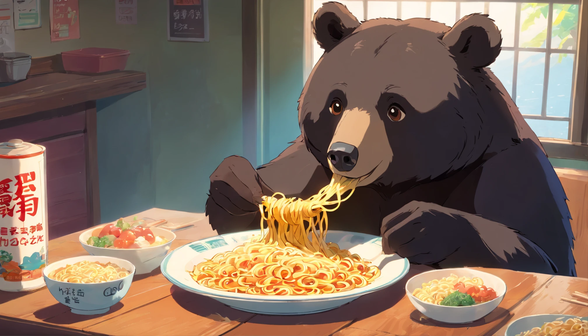 Photo of a black bear, eating instant noodles, Vintage poster design