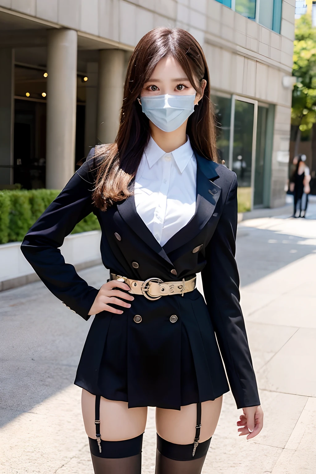 masterpiece、top-quality、The ultra -The high-definition、、colourfull、flat-colors、depth of fields、lens flare 1 girl、、A dark-haired、watching at viewers Cutter shirt a belt suspenders working adults materia OL Black Suit Black jacket glares huge-breasted a miniskirt garterbelts knee high Stockings Black Neeso Mask Rat-colored eyes