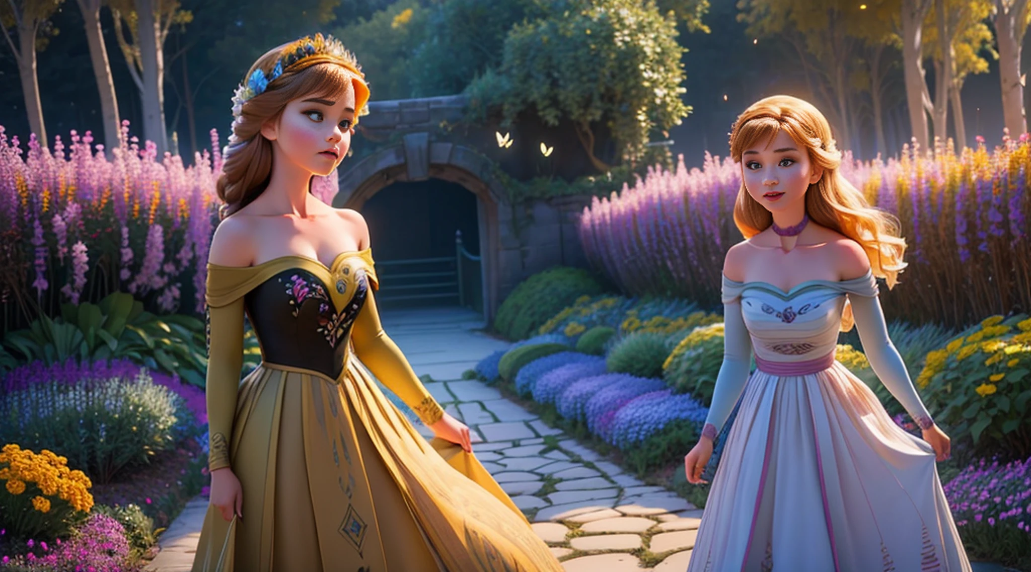 1girl, solo, full body, (masterpiece:1.21), (best quality:1.2), colorful, (illustration:1.2), (cinematic lighting:1.1), (bare shoulders:1.21), (collarbone:1.21) in this whimsical A beautiful and dreamlike garden, the scene is illuminated by a rainbow (colorful fireflies) dancing in the air. Pastel (drizzle) adorns the garden, creating a hazy and ethereal atmosphere. In the center of the picture, stands a single girl, an extremely beautiful girl, with lovely facial features and an innocent expression. Her long hair fluttered in the wind. She wore a low-cut strapless dress that accentuated her curves. The lighting is very delicate and beautiful, creating a soft warm glow that accentuates the water and makes it sparkle like a diamond. The finest grasses are also illuminated to create a lush carpet. The garden is surrounded by colorful flower fields with flowers of all colors and shapes. Various colors and sizes (coloured butterflies) can be seen flying around the scene, adding to the overall sense of wonder and magic. (Everyone, judges), a blush can be seen on the bridge of the nose, and the mouth is slightly opened, which adds to the overall sense of innocence and youth. Falling petals can be seen waving around her, adding to the overall sense of romance and beauty. The breeze is blowing, the leaves are rustling, and the flowers are swaying, adding to the overall dynamism and vitality. It is a scene of pure wonder and magic, full of color and beauty, where the viewer can lose themselves in this enchanting and captivating world.