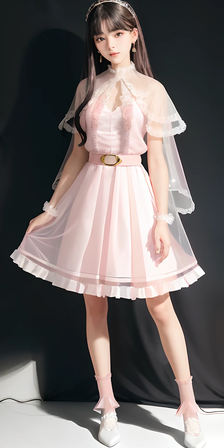 A 17 years old girl, super Long, flowing black hair.
• Gentle facial features with a hint of mystery and confusion in her eyes.
Wearing a (light pink:1.3) and pale white dress, which incorporates subtle gold or silver details.
The dress combines elements of both a pleated skirt and a flat skirt: the center portion of the dress is flat, while the sides have gentle pleats.
She has ((light pink:1.3) Mary Jane shoes) paired with (white lace-trimmed socks)).
Slightly tightened puff sleeves that reflect her calm and reserved nature.
A simple belt around her waist, holding a few small magical tools.
(A translucent, gauzy shawl:1.3)
Simple star-shaped earrings.
Her medieval dress is embroidered with magical symbols or runes.
• Despite her strong magical powers, her overall appearance exudes a sense of understated elegance and gentleness.