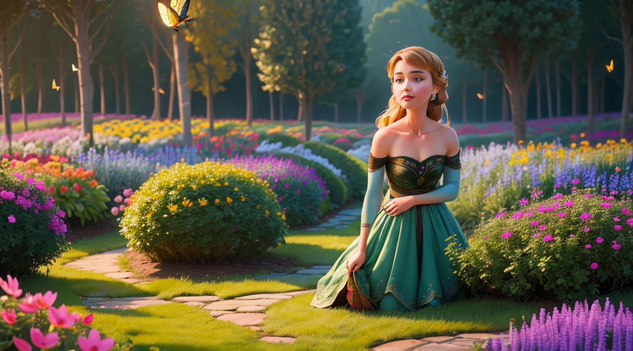 1girl, solo, full body, (masterpiece:1.21), (best quality:1.2), colorful, (illustration:1.2), (cinematic lighting:1.1), ( shoulders:1.21), (collarbone:1.21) in this whimsical A beautiful and dreamlike garden, the scene is illuminated by a rainbow (colorful fireflies) dancing in the air. Pastel (drizzle) adorns the garden, creating a hazy and ethereal atmosphere. In the center of the picture, stands a single girl, an extremely beautiful girl, with lovely facial features and an innocent expression. Her long hair fluttered in the wind. She wore a low-cut strapless dress that accentuated her curves. The lighting is very delicate and beautiful, creating a soft warm glow that accentuates the water and makes it sparkle like a diamond. The finest grasses are also illuminated to create a lush carpet. The garden is surrounded by colorful flower fields with flowers of all colors and shapes. Various colors and sizes (coloured butterflies) can be seen flying around the scene, adding to the overall sense of wonder and magic. (Everyone, judges), a blush can be seen on the bridge of the nose, and the mouth is slightly opened, which adds to the overall sense of innocence and youth. Falling petals can be seen waving around her, adding to the overall sense of romance and beauty. The breeze is blowing, the leaves are rustling, and the flowers are swaying, adding to the overall dynamism and vitality. It is a scene of pure wonder and magic, full of color and beauty, where the viewer can lose themselves in this enchanting and captivating world.