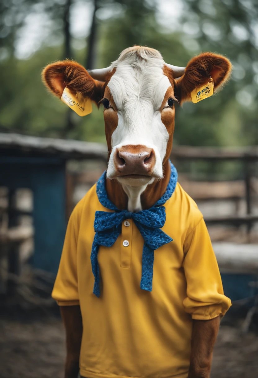 A cow (animal) dressed in a yellow blouse and blue sneakers with white