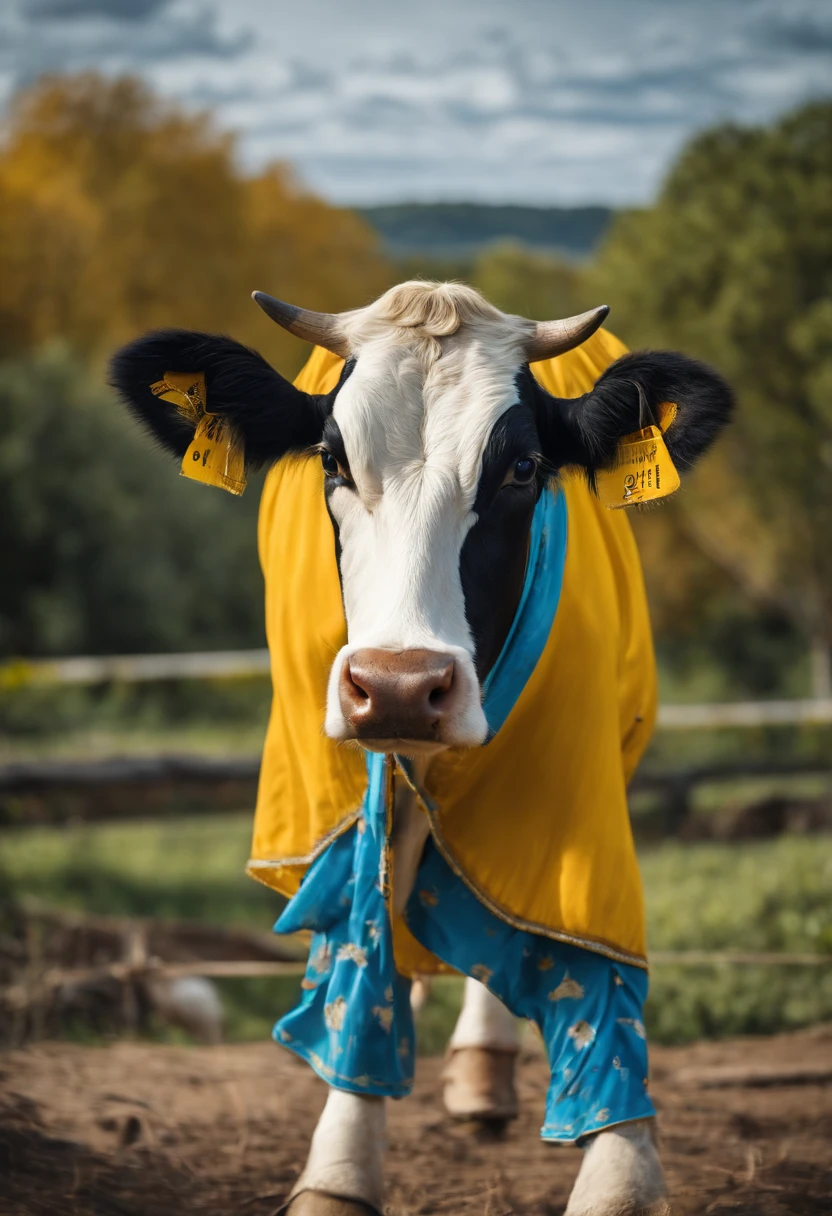 A cow (animal) dressed in a yellow blouse and blue sneakers with white