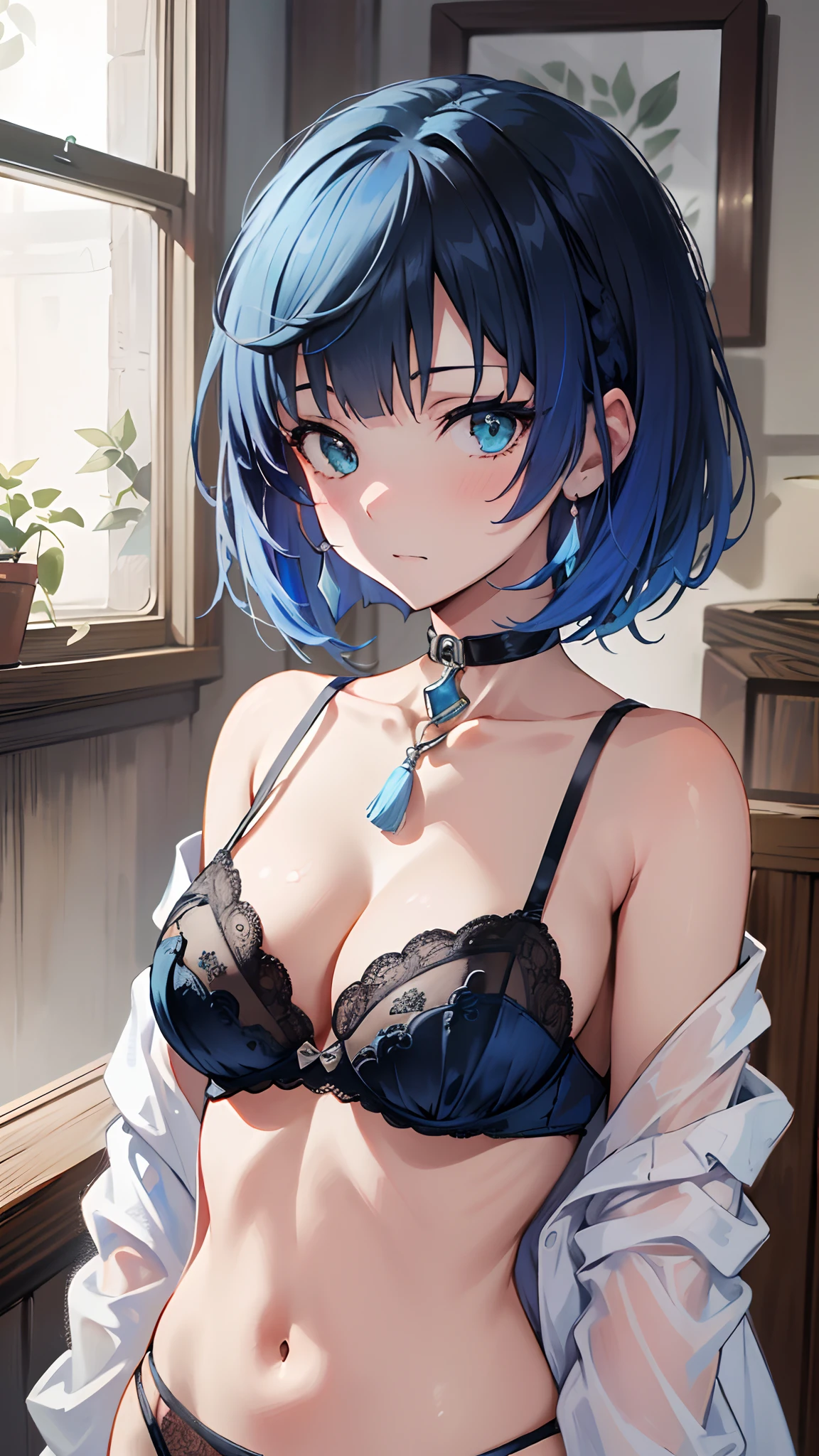 ((masutepiece)), ((Best Quality)), 8K, detaileds, Ultra-detailed, Detailed and Intricicated, 1girl in, lightblue hair, bob cuts, in one's underwear only, Light blue lingerie, Staring at me shyly,