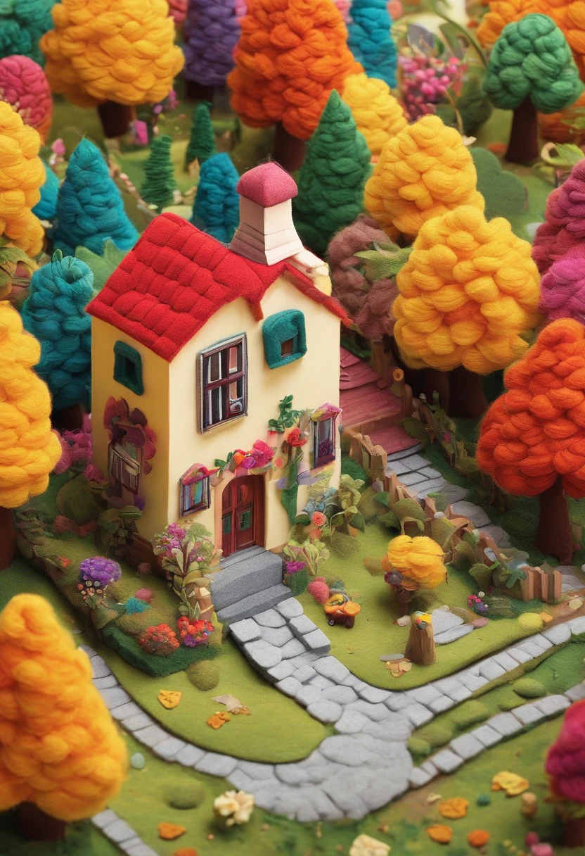 Felt wool house, Extremely colorful,cozily,A whimsical wonderland,Rich in color,tmasterpiece,the detail,detailed detail,fanciful,Imaginative