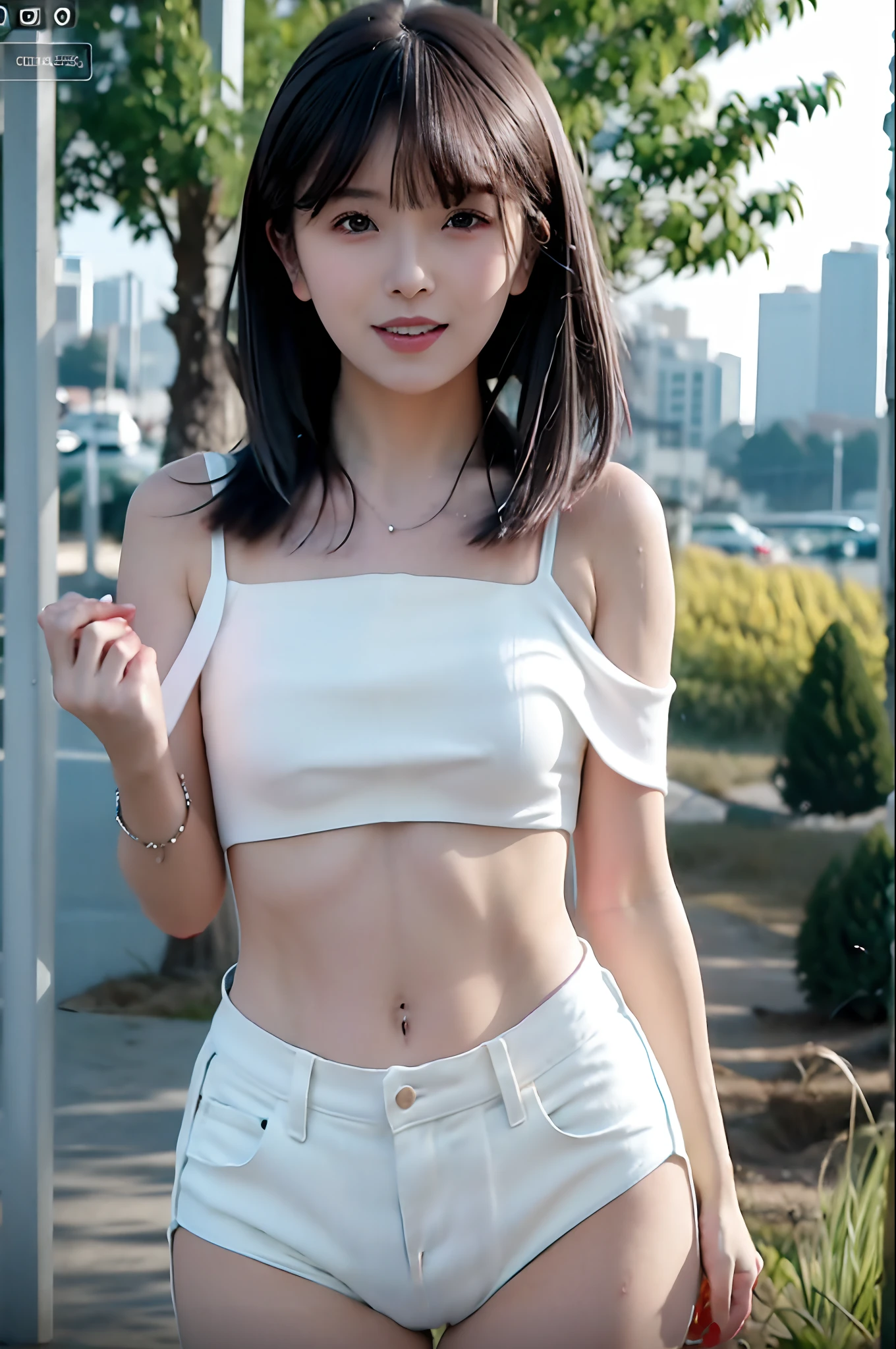 masterpiece, top-quality, 1girl in, Aqua's Eye, A dark-haired, Mouth closed, multicolored background, Look at viewers, shorth hair, plein air, 独奏, full body Esbian, Fascinating, It's beautiful, beautiful countenance, Pure face, pale-skinned, sexy pose,((Camisole, shortpants, off shoulders, a navel)), cute little、Shoulder straps fall off the shoulders、fullnude