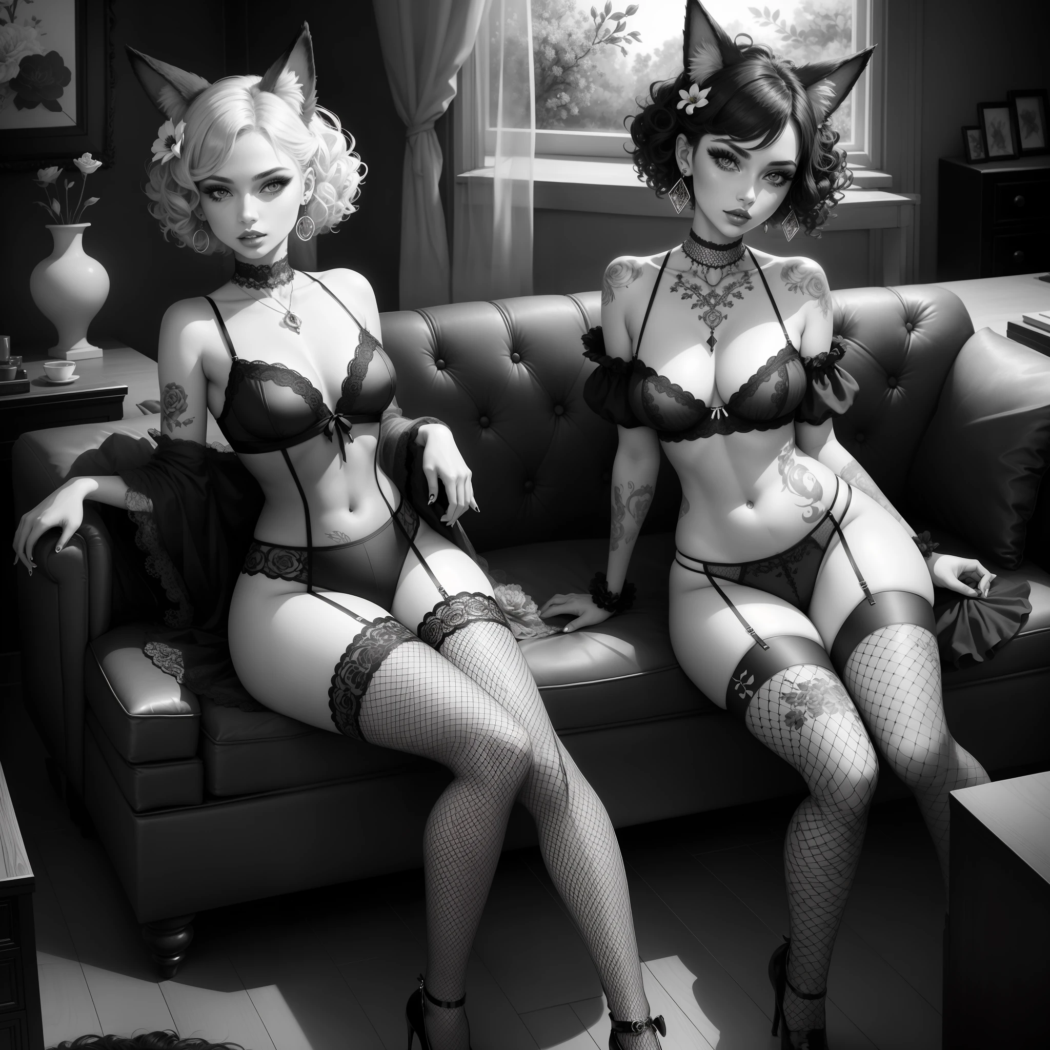 DigiArt Style, 2 girls, full body shot, sitting on chair, short hair, curly hair, fox ears, jewelry, monochrome, greyscale, earrings, parted lips, lips, petals, eyelashes, flower tattoo, makeup, portrait, digital art, fishnets, lingerie, small , sexy wn,