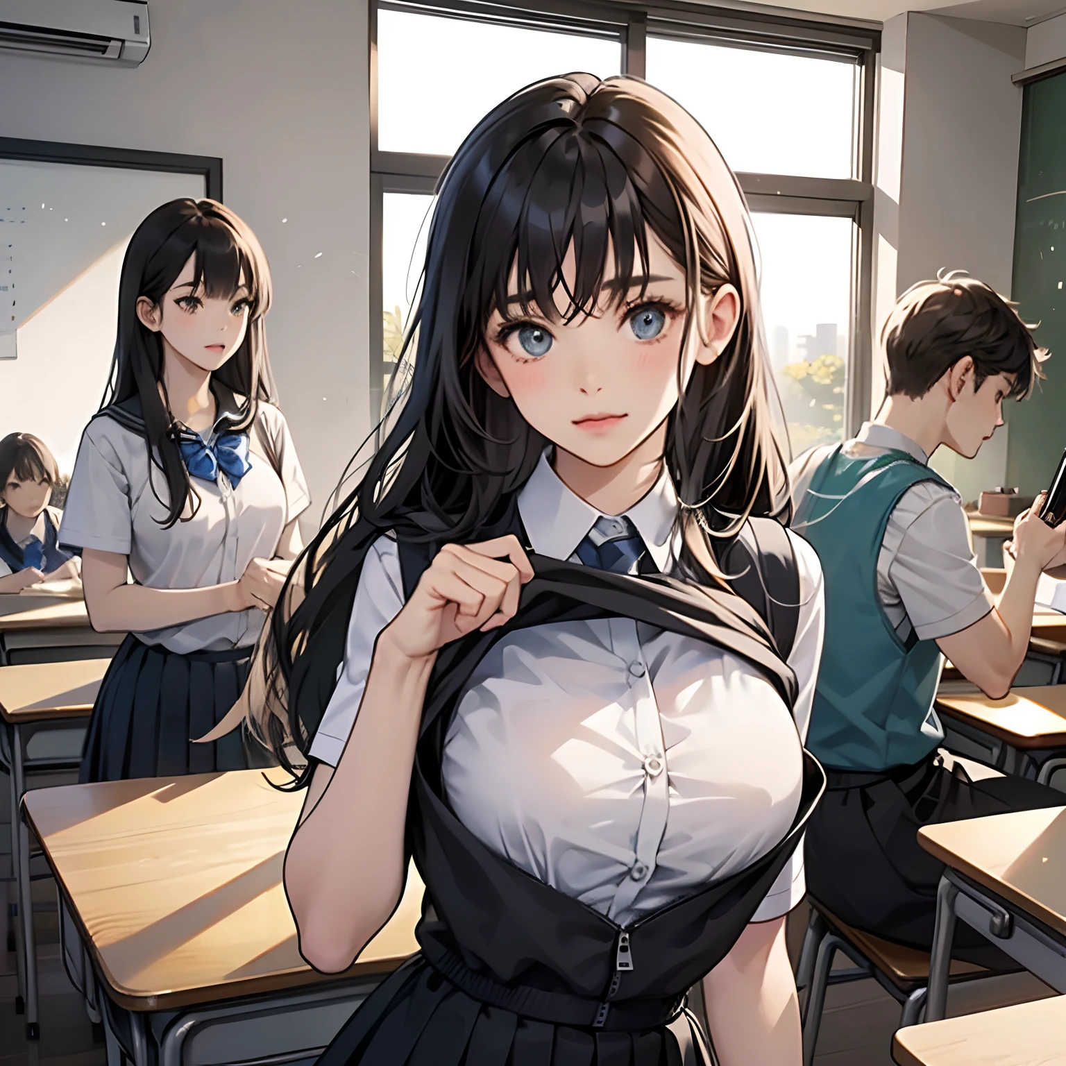 A group of school girl, (in classroom), various hair styles, wearing tactical vest over school uniform, , , shirt lift, bare breast, harem