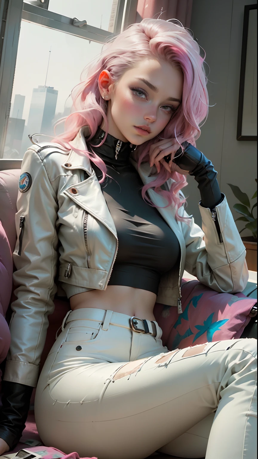 Beautiful woman, pink highlights in hair, hair parted in the middle, unruly hair, white leather clothes, white leather pants, long breasts, cyberpunk style, realistic detailed, close up, portrait, perfect skin, indoors, sitting, looking at viewer