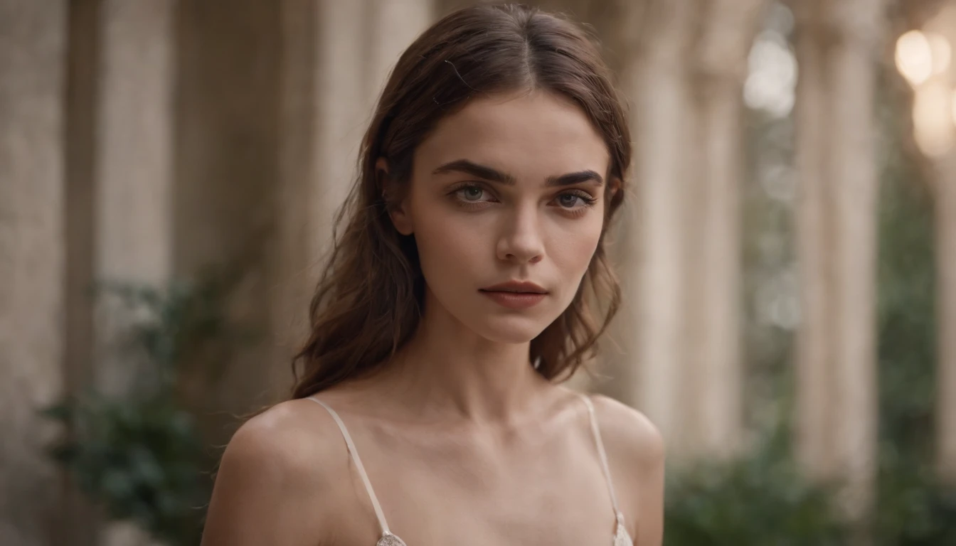 Thin woman with small breasts, cara sexy, cabello ondulado, desnuda.