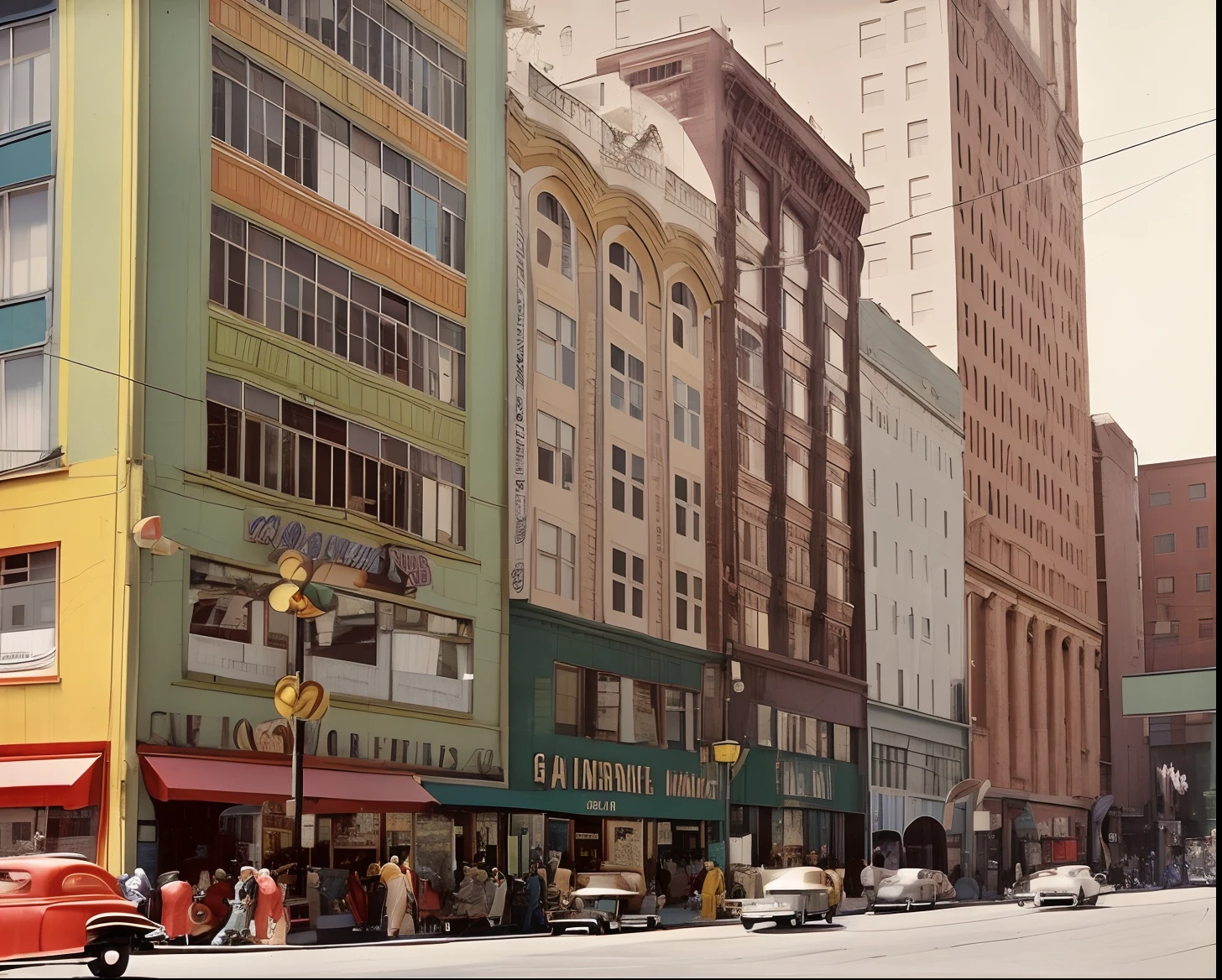 araffature of a colorful photo of a city street, 1 9 4 8 photo, historical photo, historical picture, historical image, 1 9 3 8 photo, 1930 photo, 1 9 7 5 photo, historic photo, 1940s photo, 1980 photo, historical photos circa 1 9 4 7, historical photograph