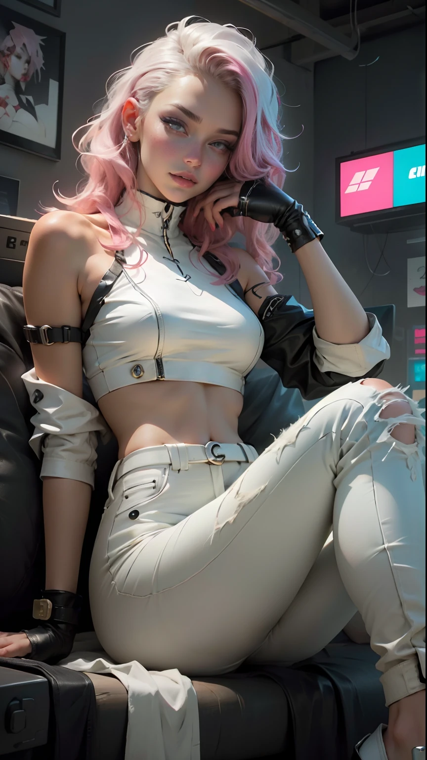 Beautiful woman, pink highlights in hair, hair parted in the middle, white leather clothes, white leather pants, long breasts, cyberpunk style, realistic detailed, close up, portrait, perfect skin, indoors, sitting, looking at viewer