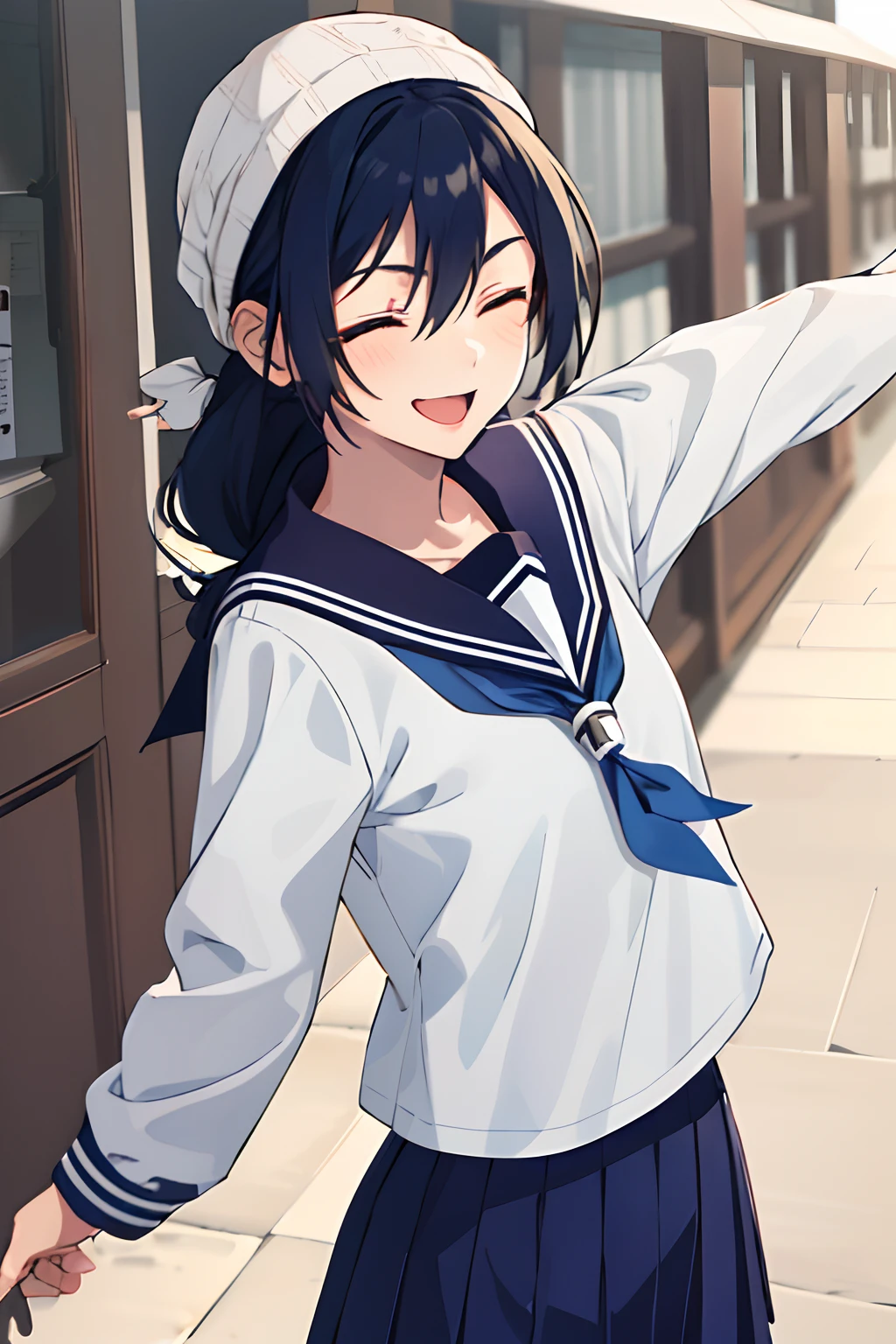 1girl in, Amanailiko,  Open_Mouth, Smile, School_uniform, Closed_Eyes, letterbox, sailor_Collar, serafuku, long_sleeves, long_hair, Solo, Shirt, hair_Bland_Eyes, :D, Blue_sailor_Collar, Bangs, Solo_Focus, white_Shirt, Hand_ass hole up