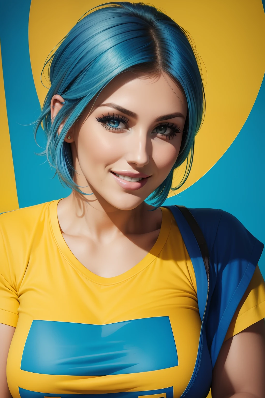 lucy pinder, face portrait, short hair, blue hair, smiling, yellow t-shirt, tatoos, blue lipstick