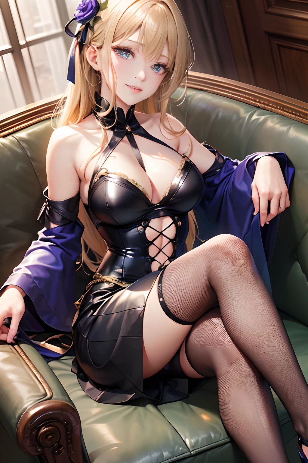 ((16ｋ,Raw photography,top-quality,hight resolution,Ray tracing,PBR Texture,Post-processing,)),(((Long leather skirt with a slit , Cute Japan anime girl,Violet Evergarden,,Tying up long blonde hair,Emphasize cleavage,bare hand,Thin leg,blue eyess,Express your exquisite fingers,Expressing elaborate limbs,Limbs are２Boken,)))(finerly detailed face:1.5),(​masterpiece:1.6),(top-quality:1.6), Beautiful fine skin,(cute little:1.4),(Complex fishnet stockings),pin heels,Leather luster 3.0,Beautiful skin,(BDSM,),((tthin eyebrows,long eyelashes,smil,二重まぶた,)),No title required,Do not wear anything on your shoulders,i nasty figure, ,Staring from the front,Create beautiful light effects on the background,Sit on the sofa and cross your legs,