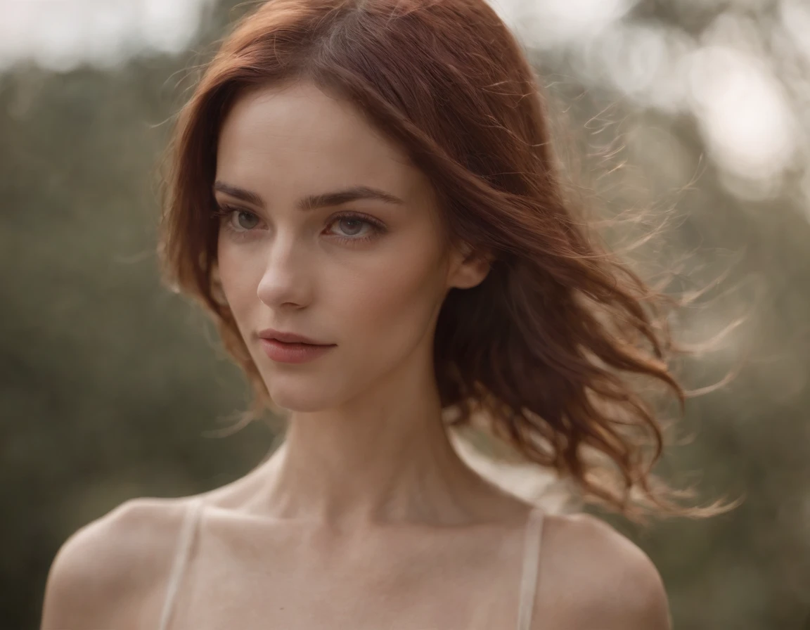 Thin woman with small breasts, Cuerpo entero, Cara sexy, cabello ondulado, cabello rojo, desnuda.