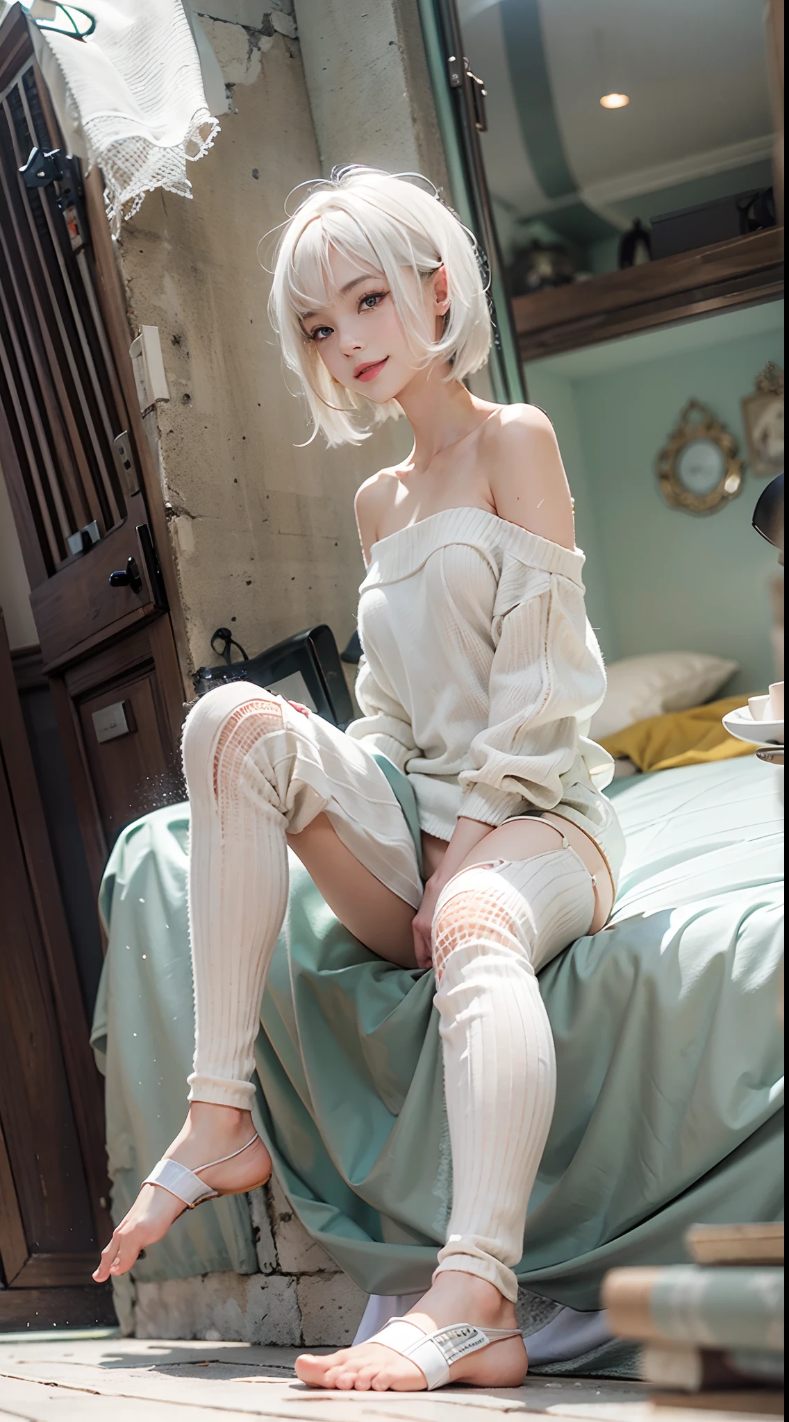 off-the-shoulder sweater, The lower part of the body is bare, Panties with a small area, white  panties, Smiling smile, (NSFW), 1womanl, 独奏, 24 year old, 7headed body, (Ideal ratio body proportions), (Composition from head to thigh), erectile nipple, Sexy body, Wet, short-hair, A dark-haired, small tits, A slender, Small buttocks, beauty legs, Skinny Legs, surrealism, Cinematic lighting, depth of fields, One-person viewpoint, F/1.8, 135 mm, nffsw, masutepiece, ccurate, ((Anatomically correct)), Textured skin, Super Detail, high details, High quality, awardwinning, Best Quality, hight resolution, 8K