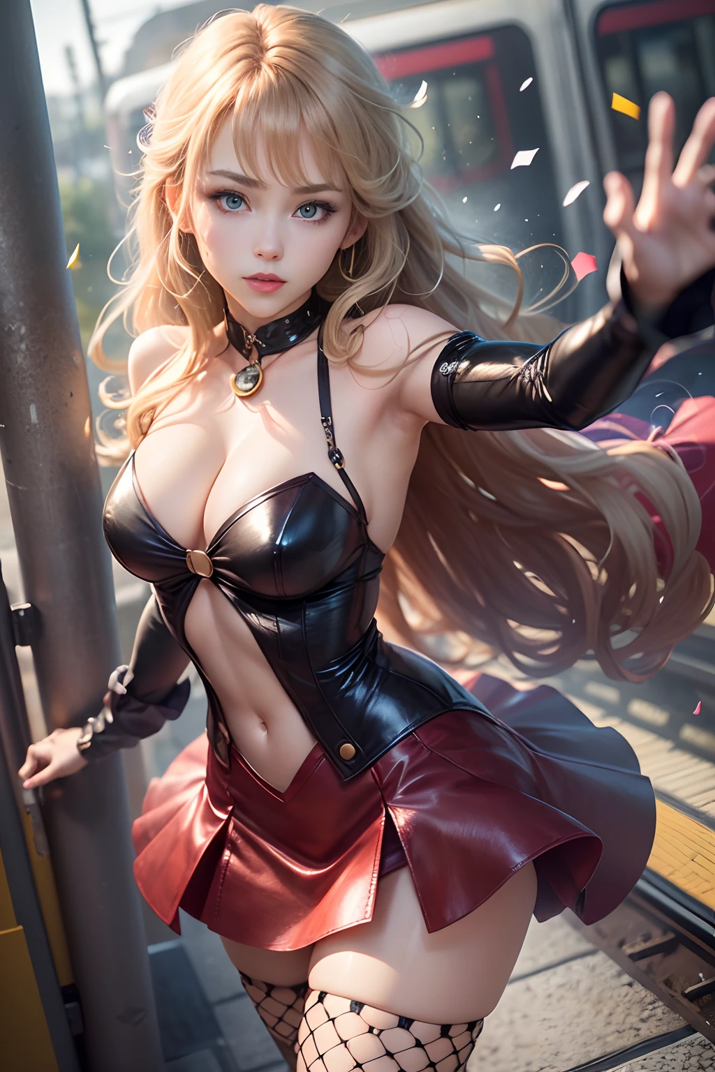 ((16ｋ,Raw photography,top-quality,hight resolution,Ray tracing,PBR Texture,Post-processing,)),(((Red leather bondage long skirt , Cute Japan anime girl,Violet Evergarden,Violet,Long wavy blonde hair,Emphasize cleavage,bare hand,Thin leg,blue eyess,Express your exquisite fingers,Expressing elaborate limbs,Limbs are２Boken,)))(finerly detailed face:1.5),(​masterpiece:1.6),(top-quality:1.6), Beautiful fine skin,(cute little:1.4),(Complex fishnet stockings),pin heels,Leather luster 3.0,Beautiful skin,(Dark Red Long Tight Skirt),((tthin eyebrows,long eyelashes,smil,二重まぶた,)),No title required,Do not wear anything on your shoulders,i nasty figure, From  above,Staring from the front,Create beautiful light effects on the background、Create a confetti effect on the background,Take the train