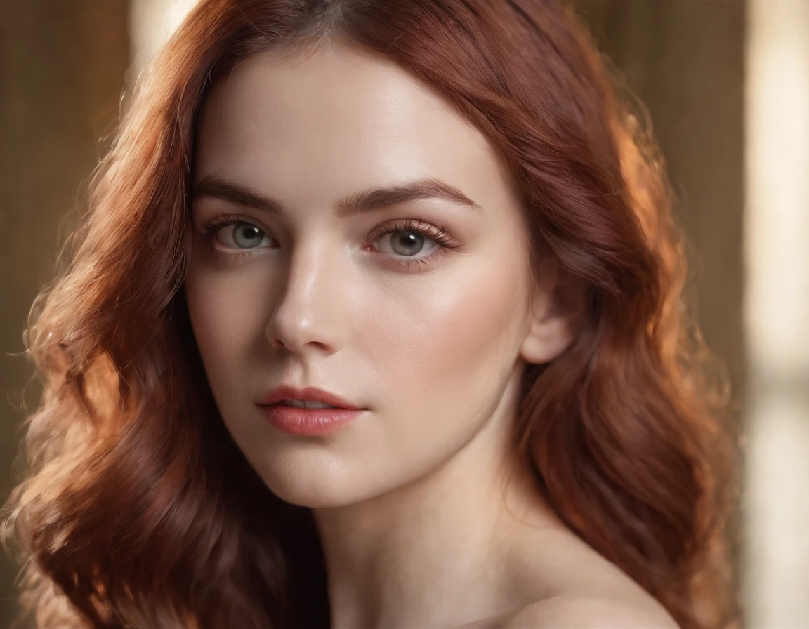 (high quality, ultra-detailed, realistic),portrait,slim woman,small breasts,full body,sexy face,wavy hair,red hair,nude,canvas texture,detailed background,soft lighting,subtle shadows,vibrant colors,warm color tones