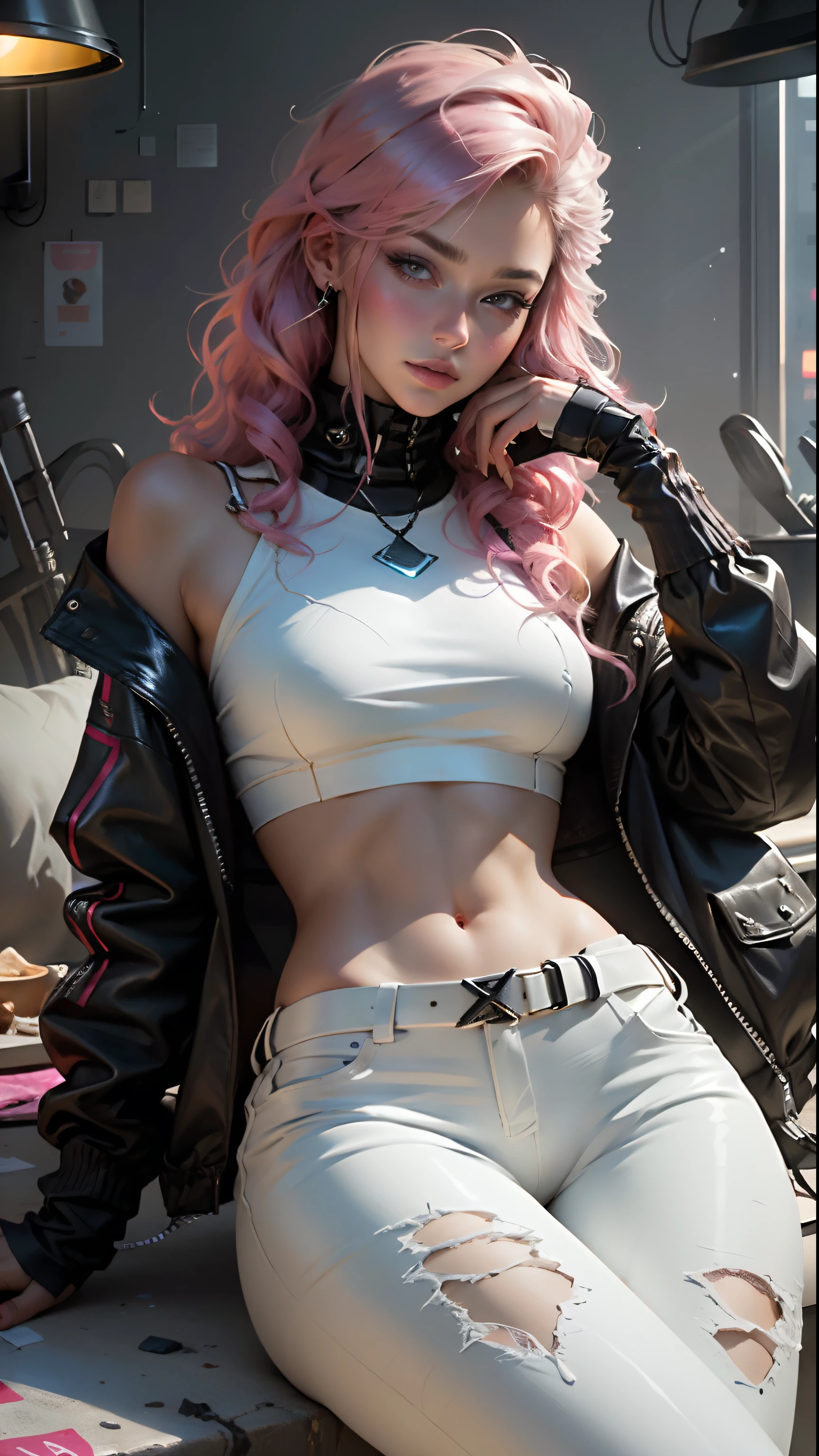 Beautiful woman, pink highlights in hair, hair parted in the middle, unruly hair, white leather clothes, white leather pants, long breasts, cyberpunk style, realistic detailed, close up, portrait, perfect skin, indoors, sitting, looking at viewer