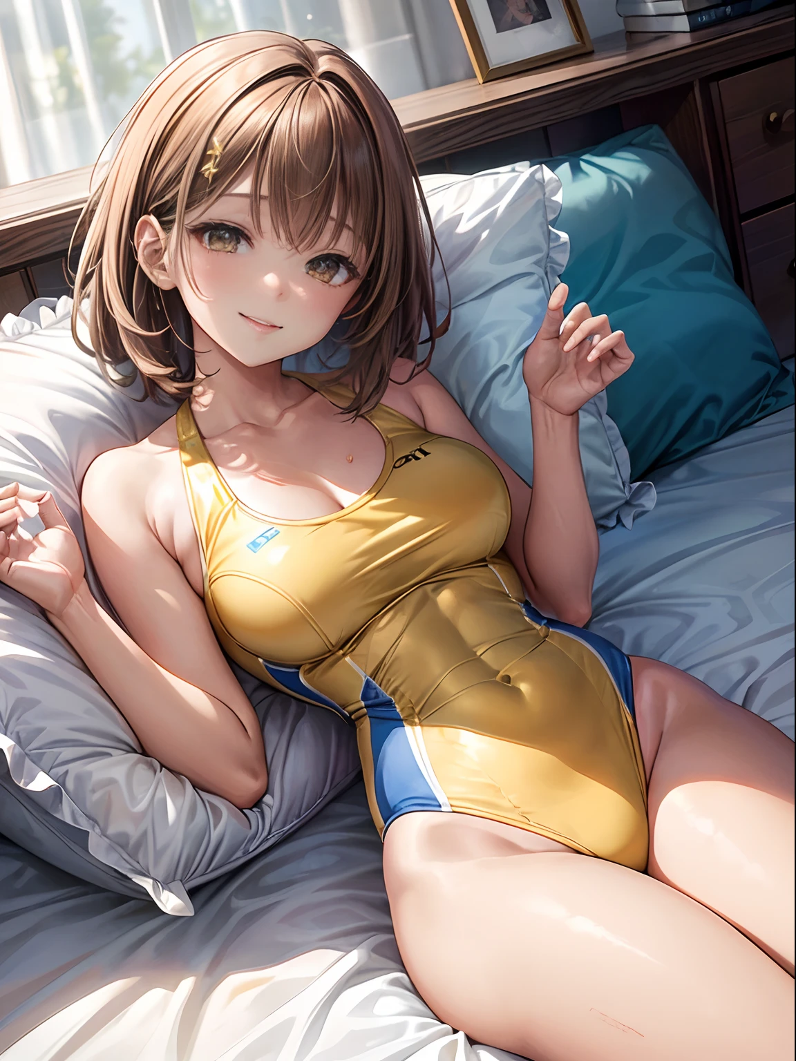 (top-quality: 1.3), (masterpiece: 1.3), (The ultra-detailliert: 1.3)、(Detailed hands and fingers:1.2)、((Woman in yellow competitive swimsuit with lines))、(Love hotel rooms:1.3)、Brown-haired woman、ssmile、(Beautiful busty woman:1.4)、Women with medium hair、((Women with straight hair))、((Woman lying on bed with her head on a fluffy pillow))、Woman with open legs、Woman in naughty pose