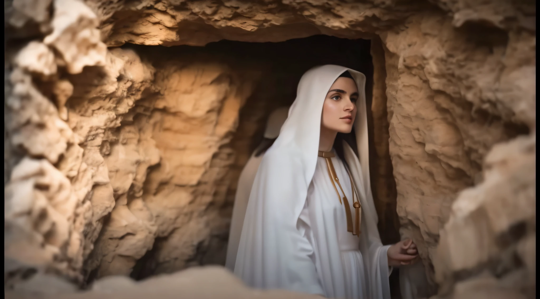A closeup of a Mary Magdalene woman coming out of a cave Jayson Tatum as Mother Mary, mary in a sanctuary, Inside the tomb of Jesus, Karol Bak de Emma Watson Nun, holy themed, Imogen Poots como um guerreiro santo, inside a tomb, Billie Eilish como uma freira triste, cinematic goddess shot, a still of an ethereal