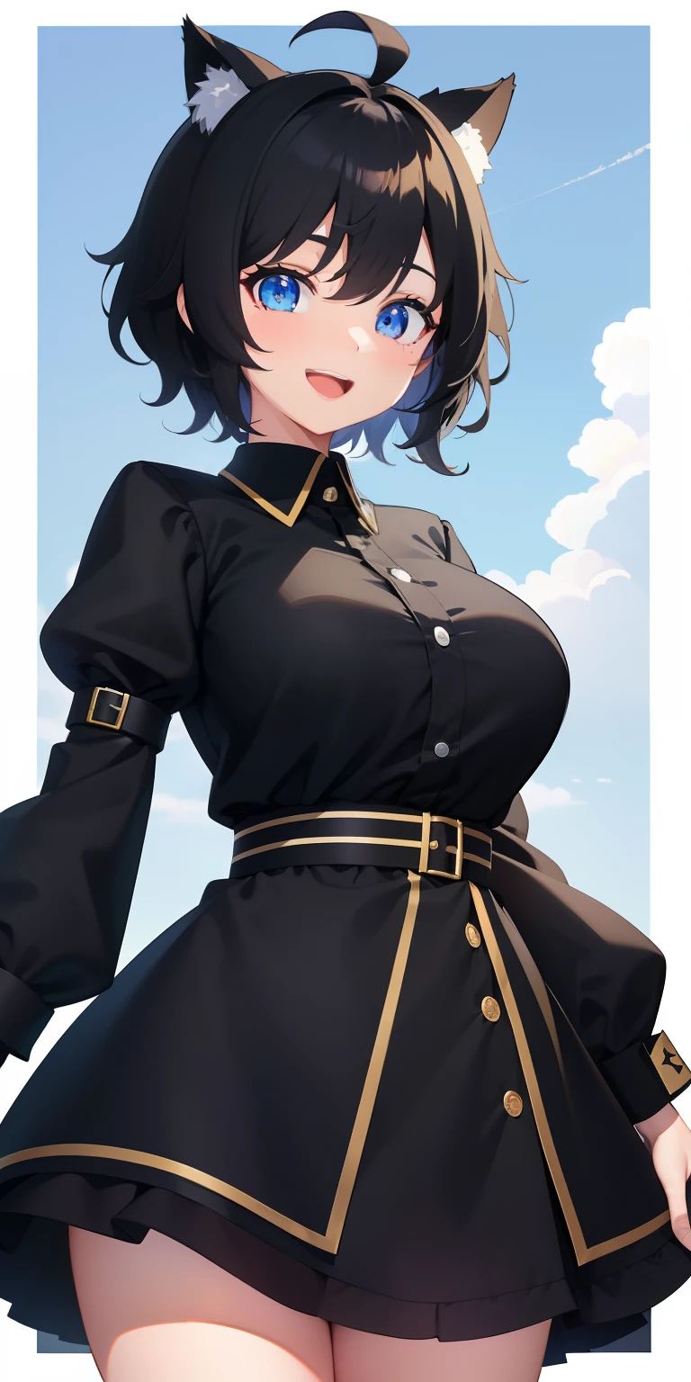 A woman in a black dress with a cat ears and blue eyes - SeaArt AI